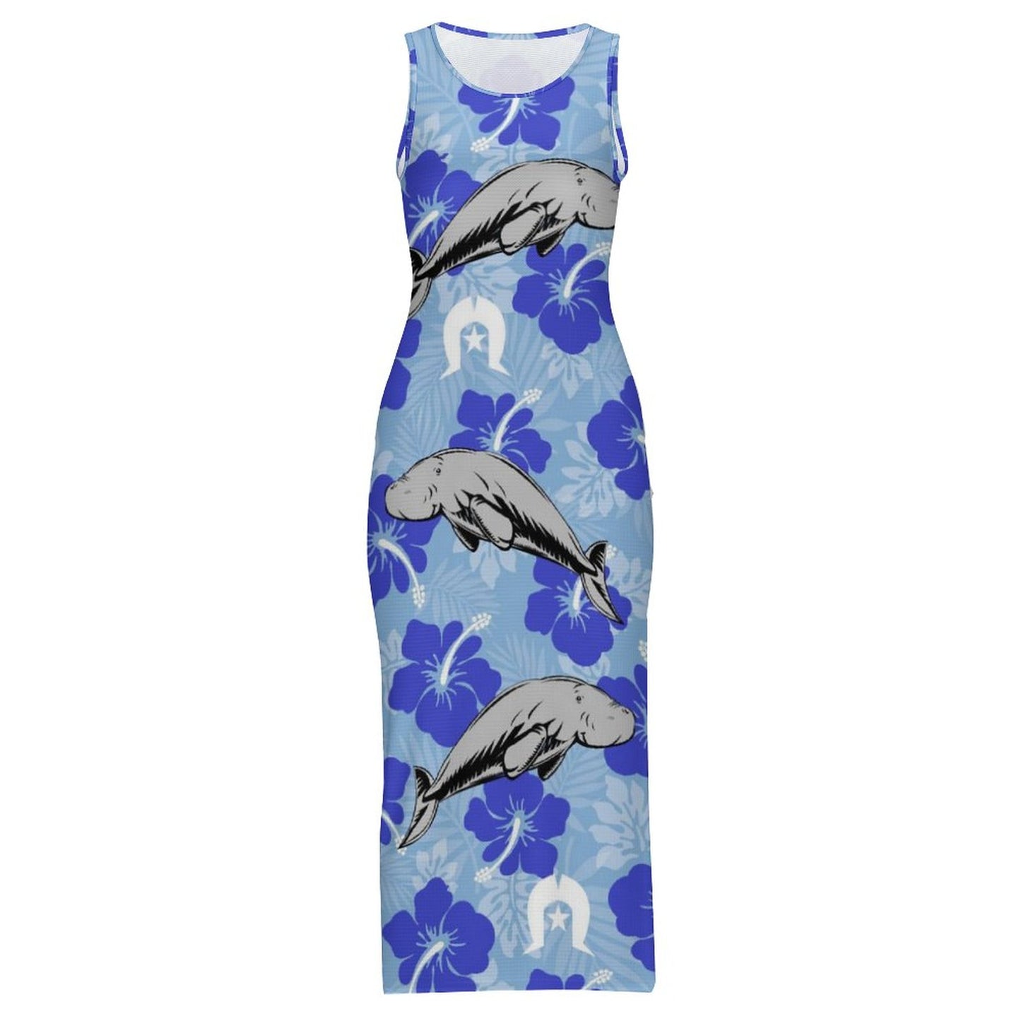 Hibiscus flowers with White Dhari and Dugong (Sky blue) on180gsm Slit Fitted Camisole Cheongsam