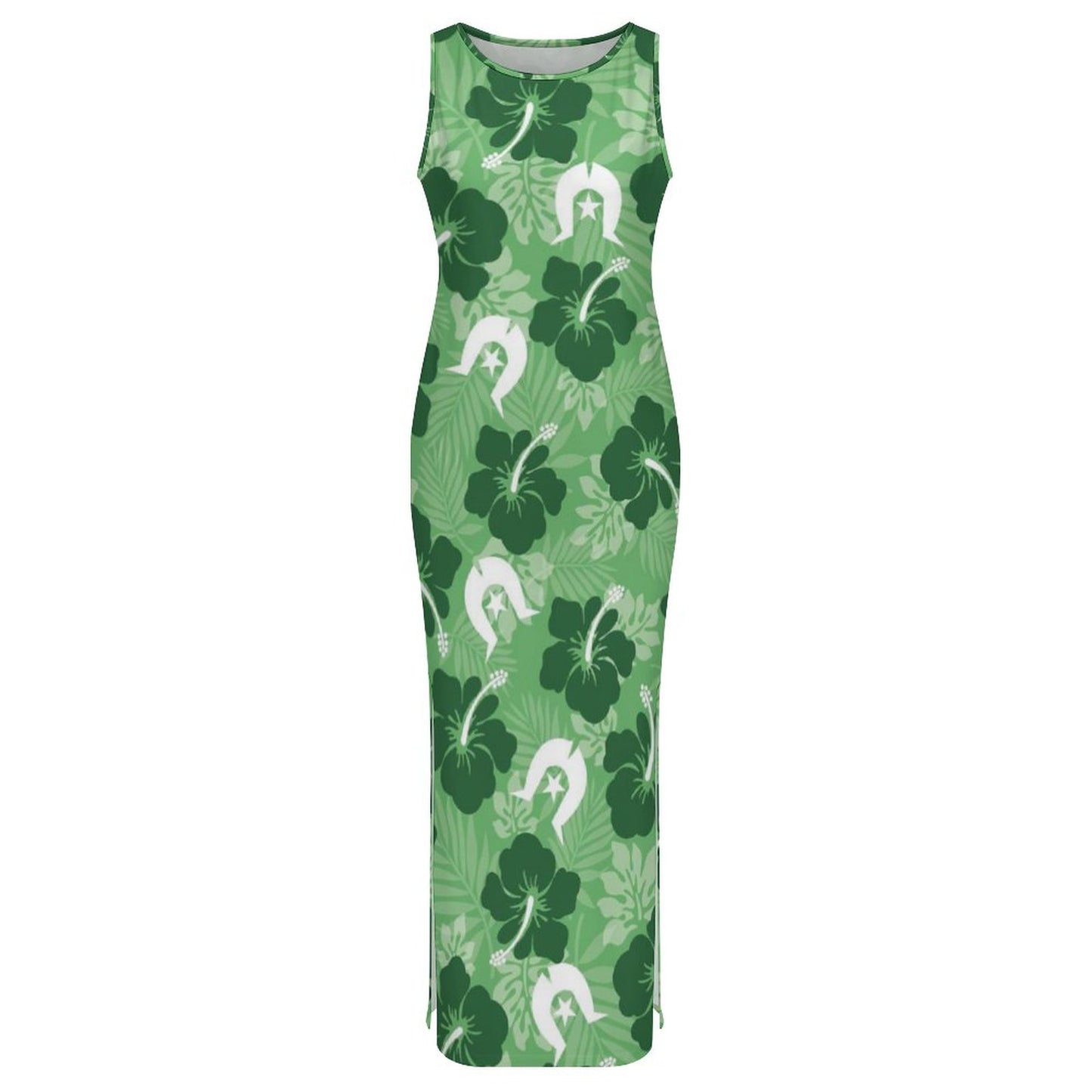 Hibiscus flowers with Dhari (Sea Grass Green) on 180gsm Slit Fitted Camisole Cheongsam