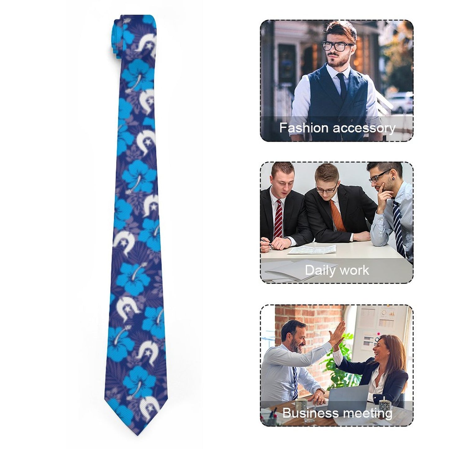Hibiscus flowers with White Dhari (Royal blue) on Men's Formal Tie