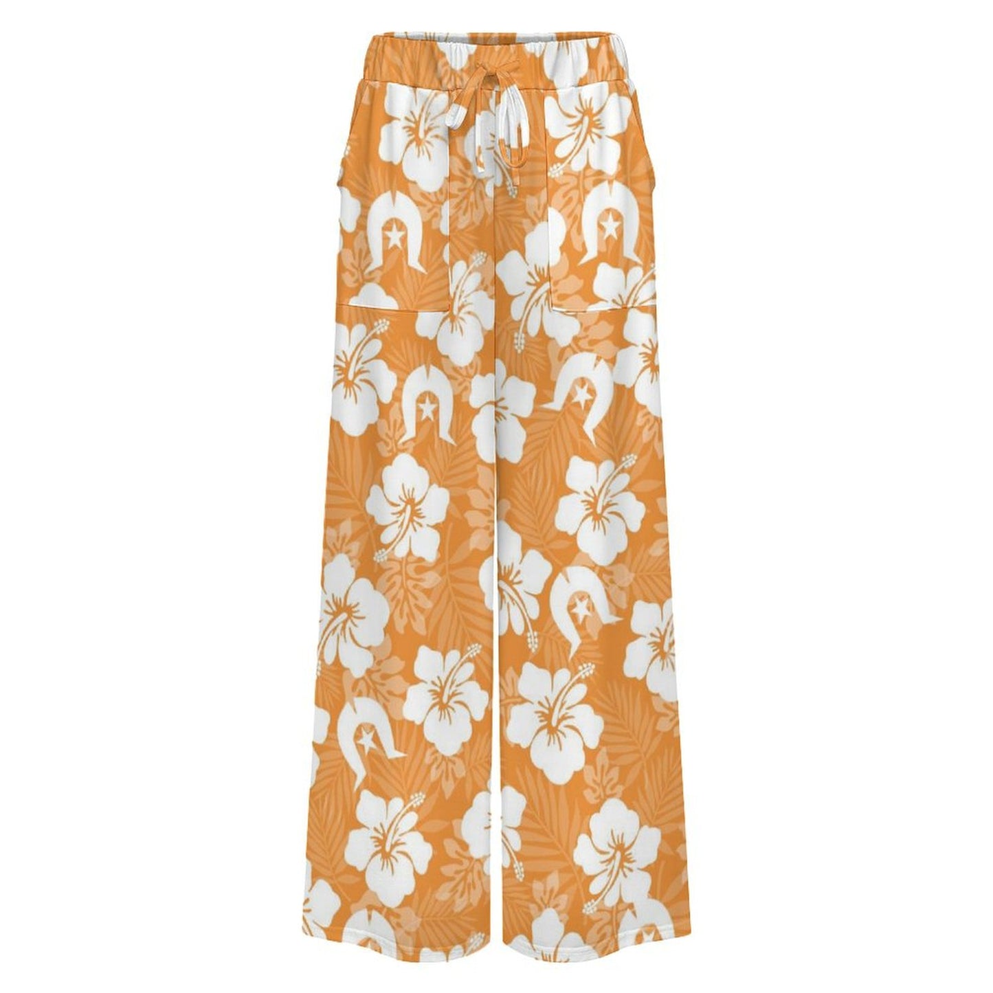 White Hibiscus flowers with Dhari (Orange) on Women’s Wide-Leg Pants