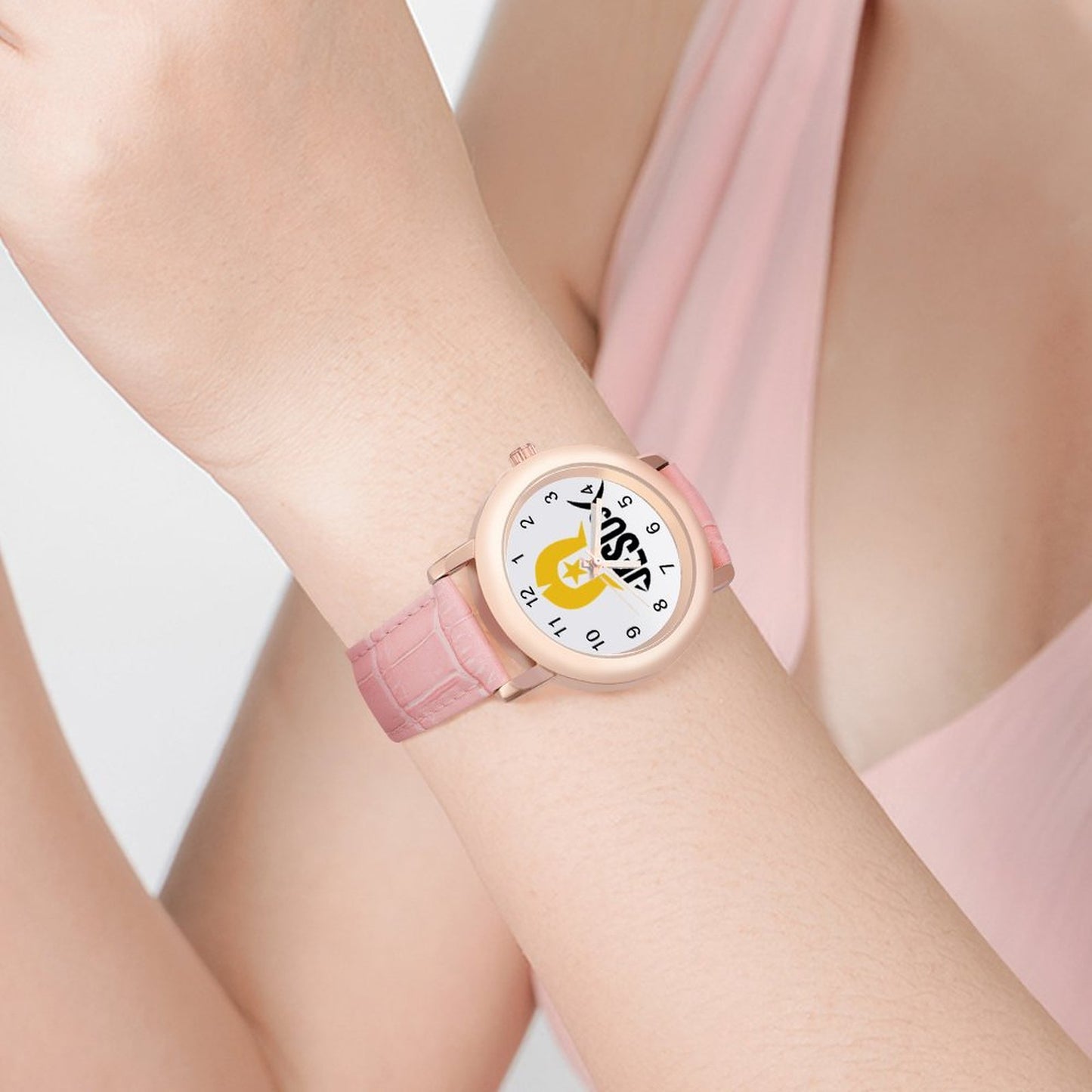 Gold coloured Dhari with Fish shaped 'Jesus' name on Ladies Watch with PU Leather Band