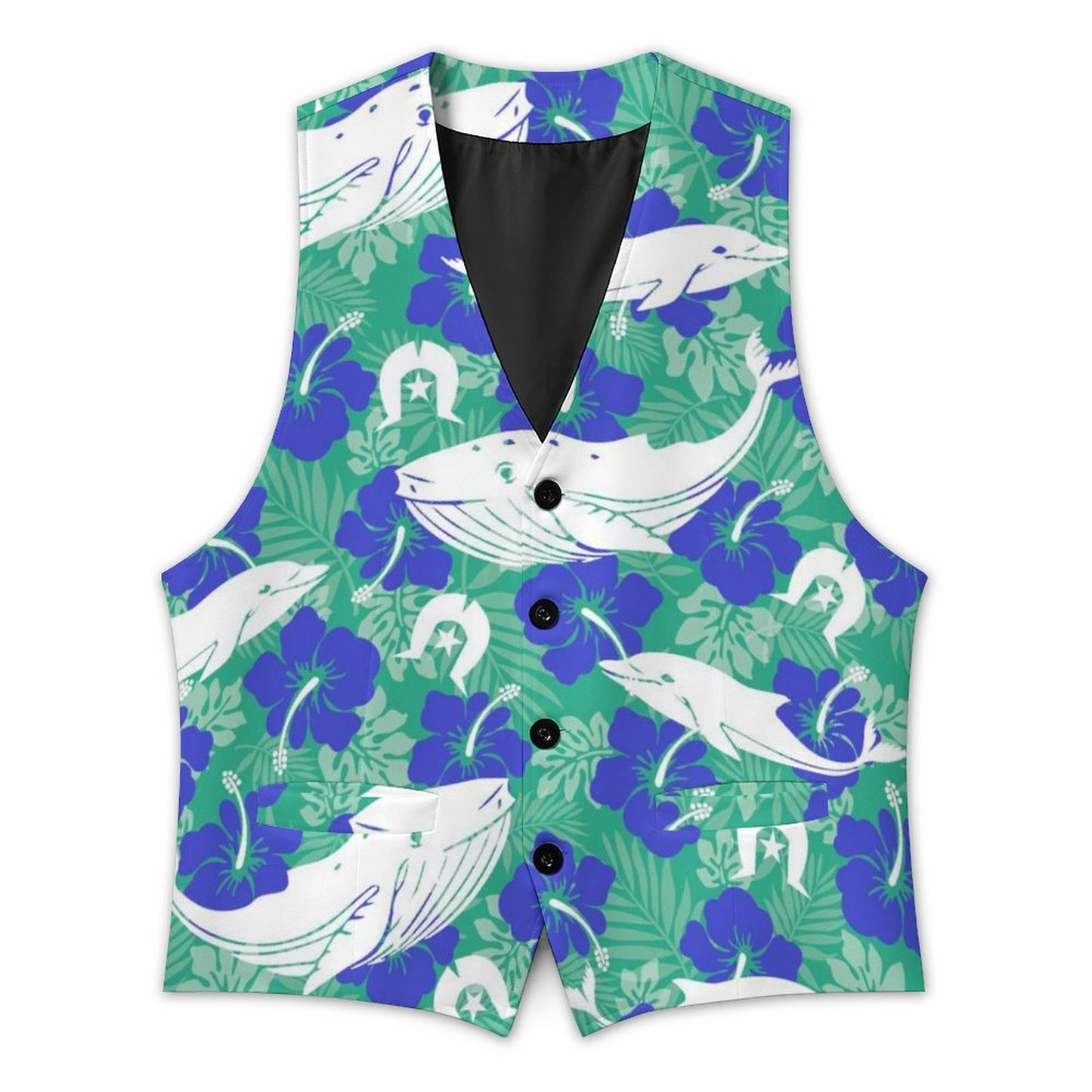 Royal Blue Hibiscus flowers with Whale, Dolphin and Dhari on Men's Sleeveless Suit Vest