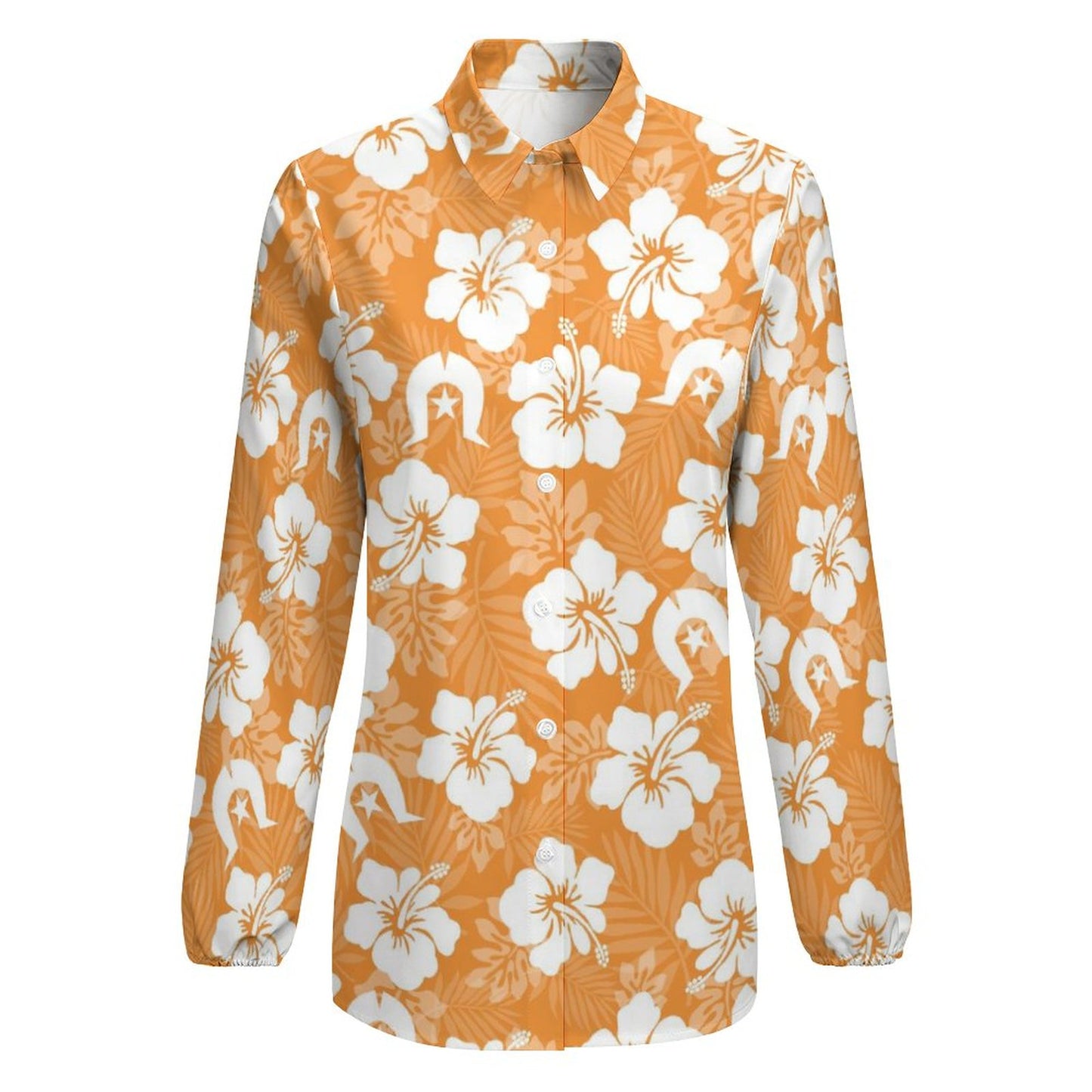 White Hibiscus flowers with Dhari (Orange) on Casual Long Sleeve Vintage Tour Shirt