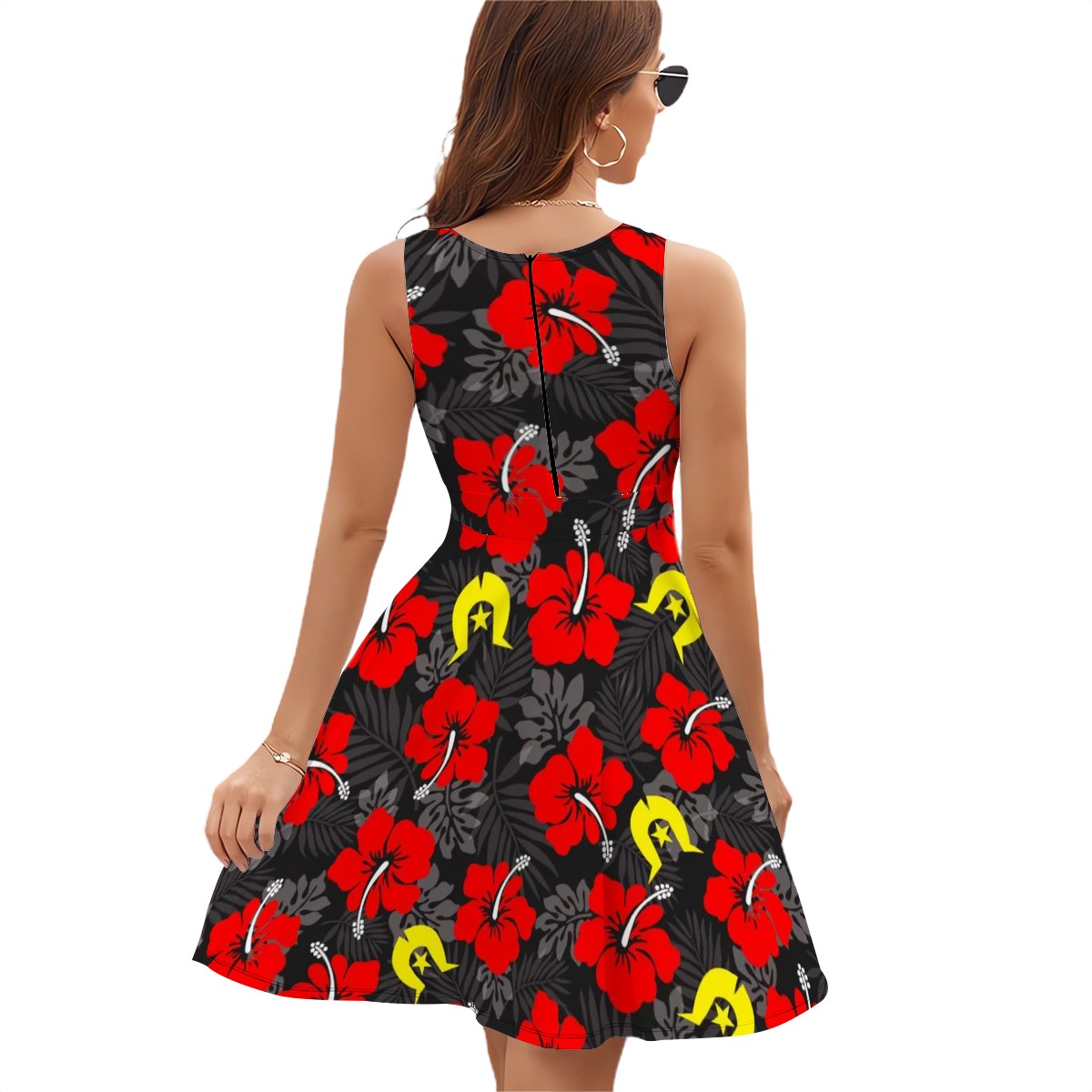 Royal Red Hibiscus with Yellow Dhari on Sleeveless V Neck Dress