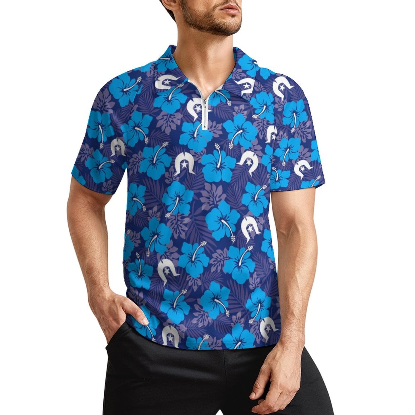 Hibiscus flowers with White Dhari (Royal blue) on Short Sleeved Sportswear Men's T Shirt