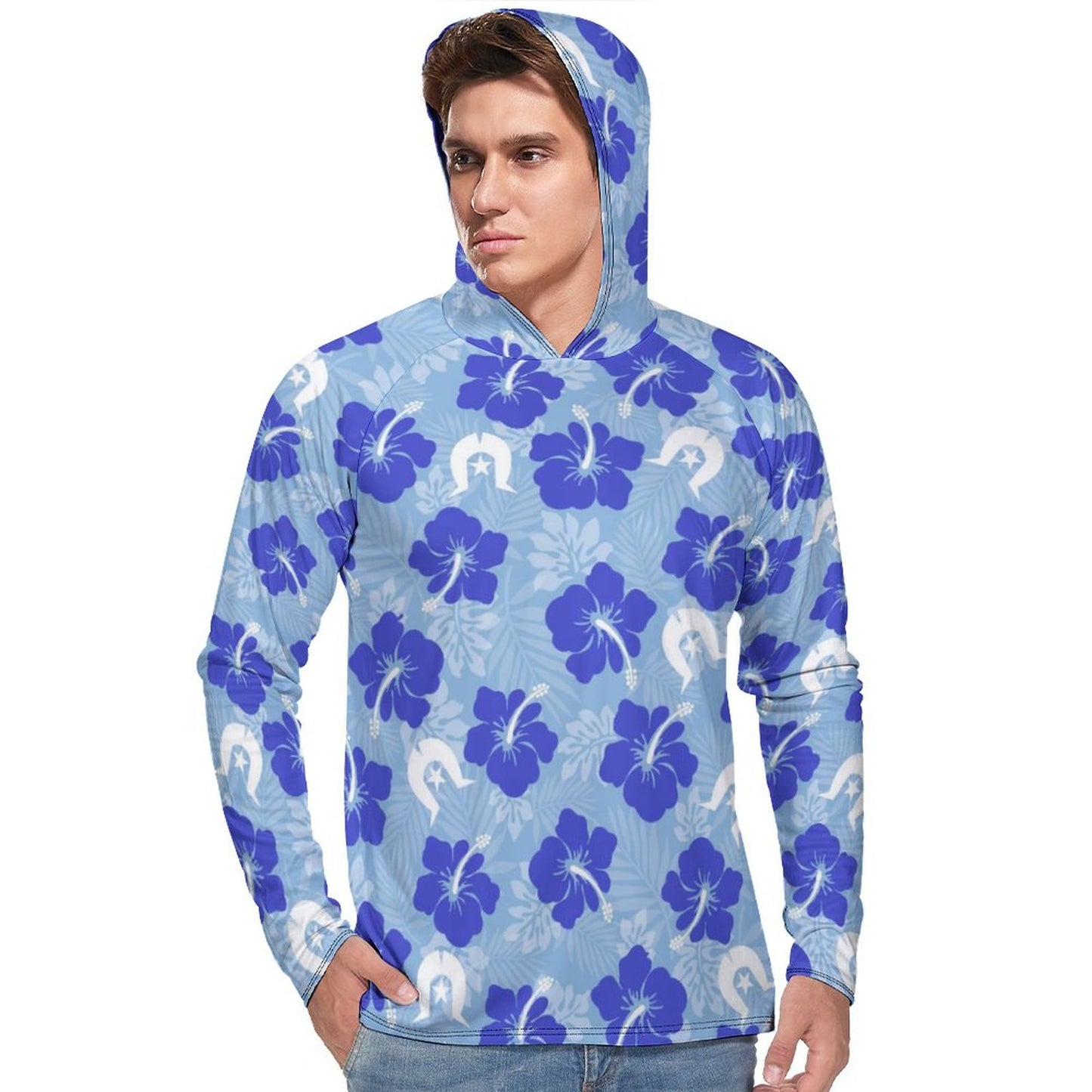 Hibiscus flowers with White Dhari (Sky blue) on Men's UPF 40+ Sun Protection Fishing Shirt