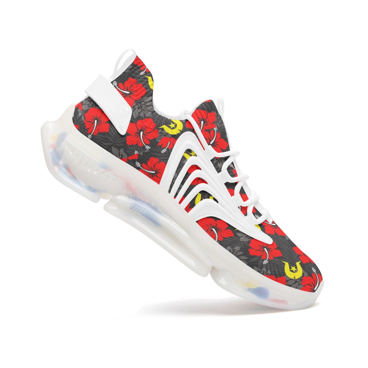 Royal Red Hibiscus with Yellow Dhari on Unisex Low Top Mesh Sneakers