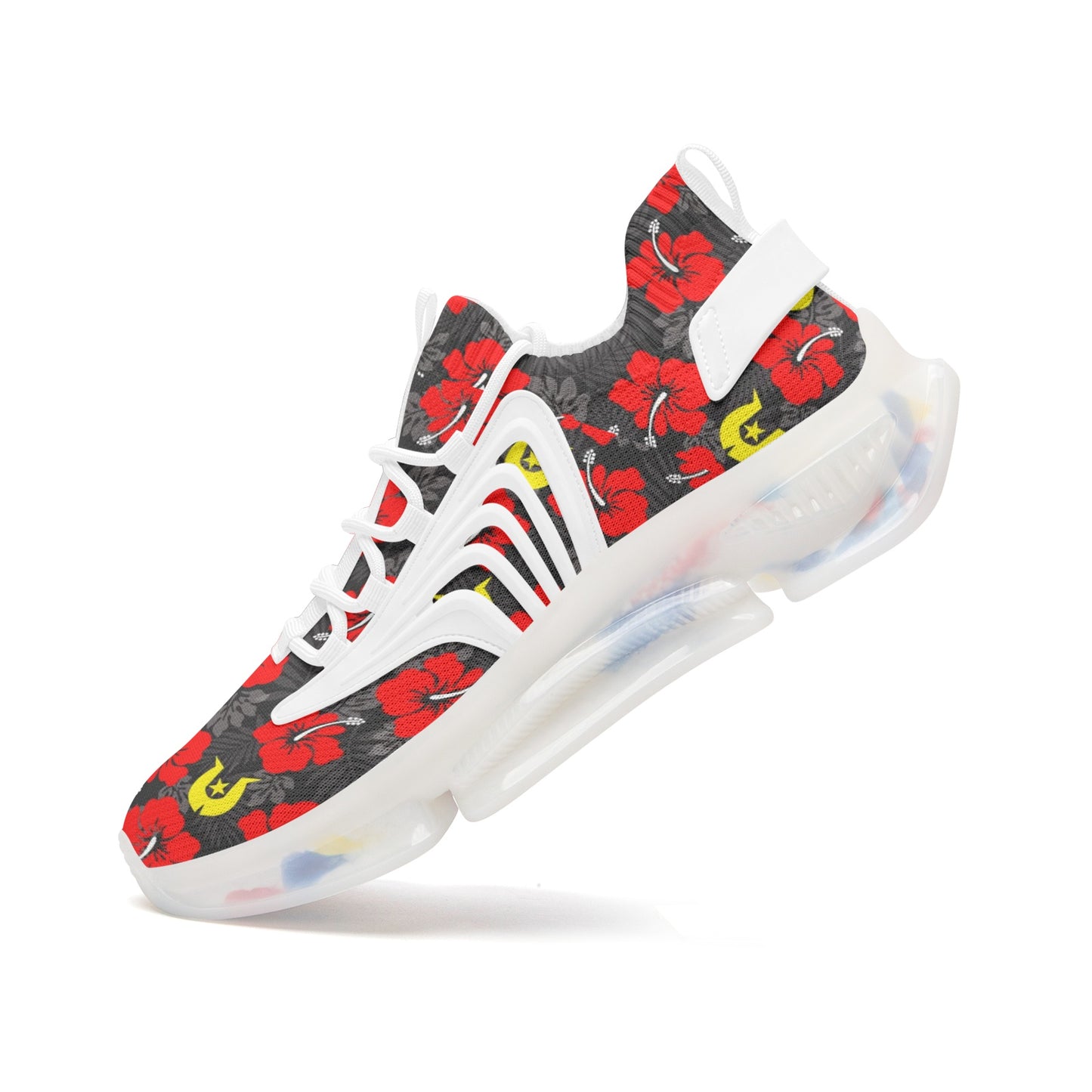 Royal Red Hibiscus with Yellow Dhari on Unisex Low Top Mesh Sneakers