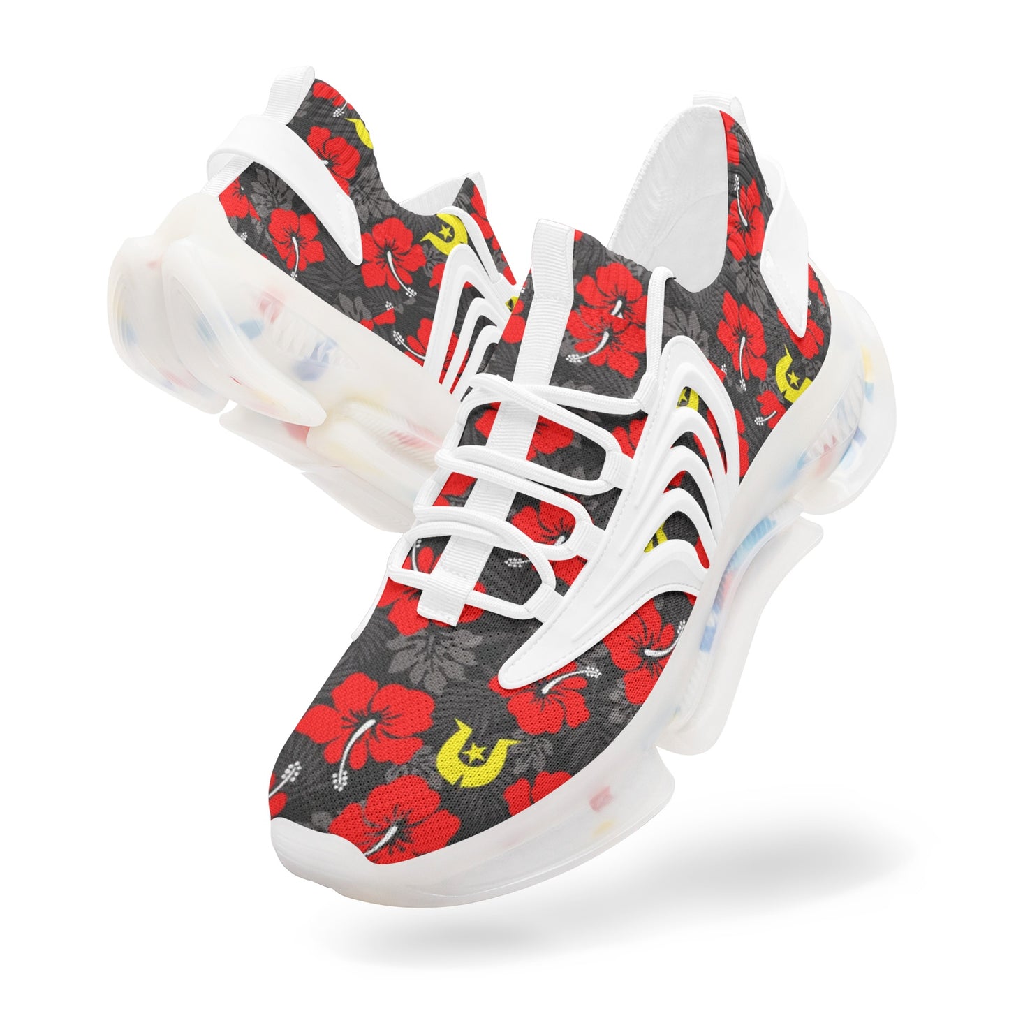 Royal Red Hibiscus with Yellow Dhari on Unisex Low Top Mesh Sneakers