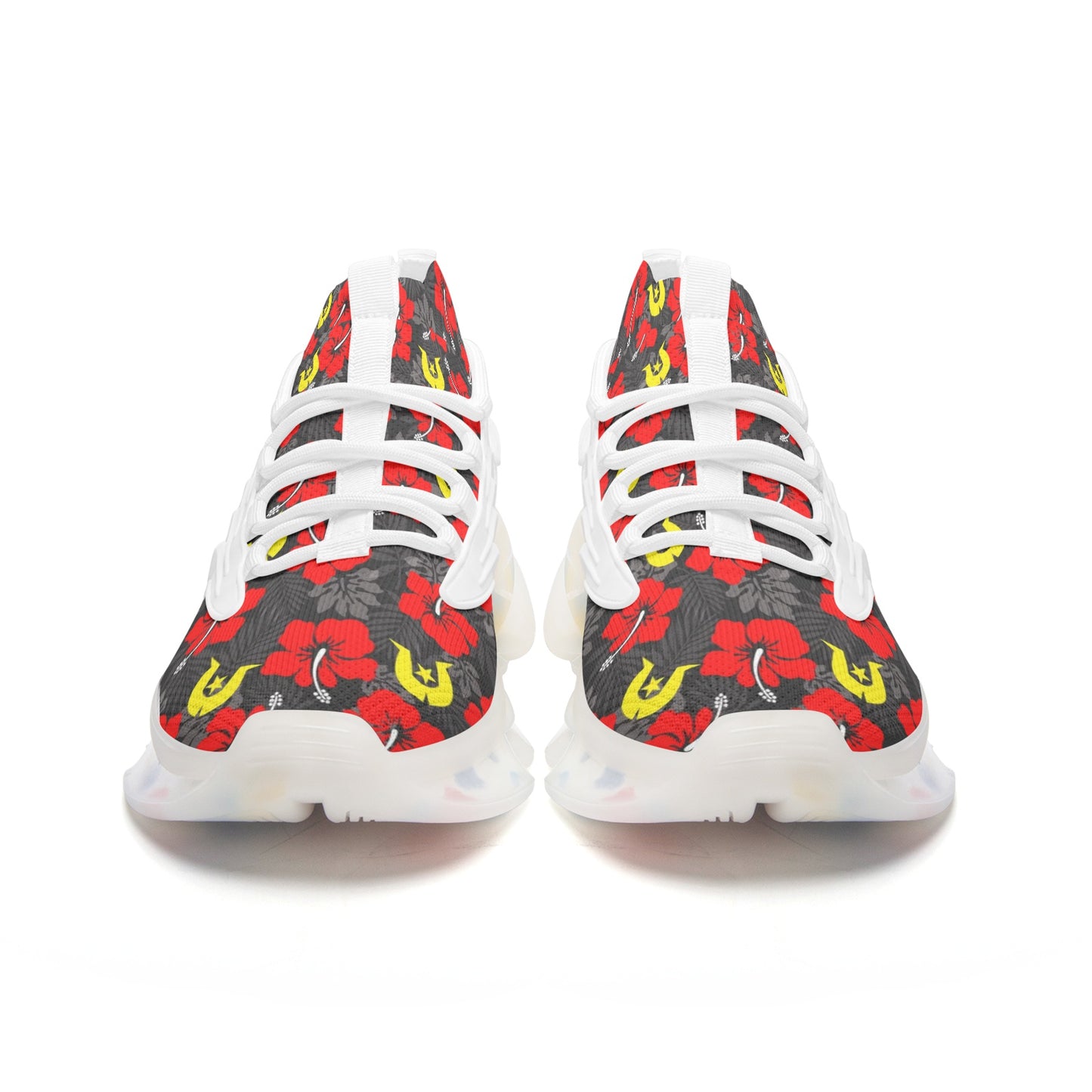 Royal Red Hibiscus with Yellow Dhari on Unisex Low Top Mesh Sneakers