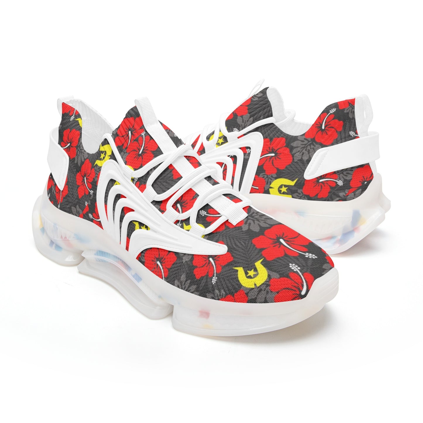 Royal Red Hibiscus with Yellow Dhari on Unisex Low Top Mesh Sneakers