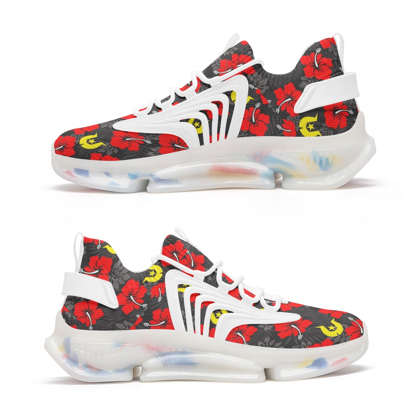 Royal Red Hibiscus with Yellow Dhari on Unisex Low Top Mesh Sneakers