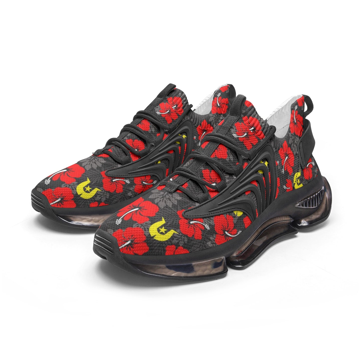 Royal Red Hibiscus with Yellow Dhari on Unisex Low Top Mesh Sneakers
