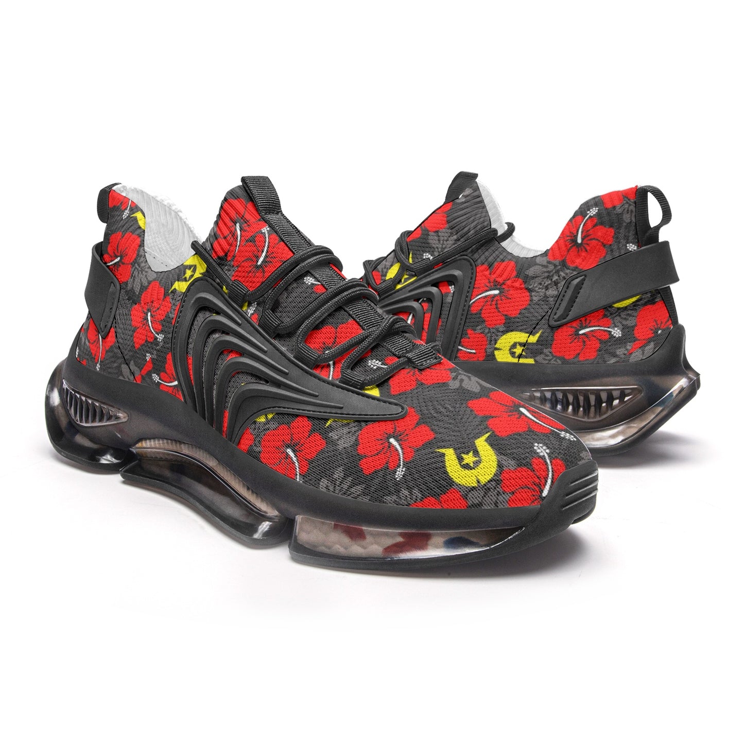 Royal Red Hibiscus with Yellow Dhari on Unisex Low Top Mesh Sneakers