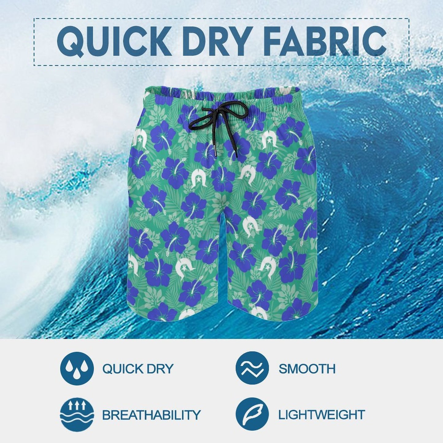Royal Blue Hibiscus flowers with Dhari on Men's Board Shorts