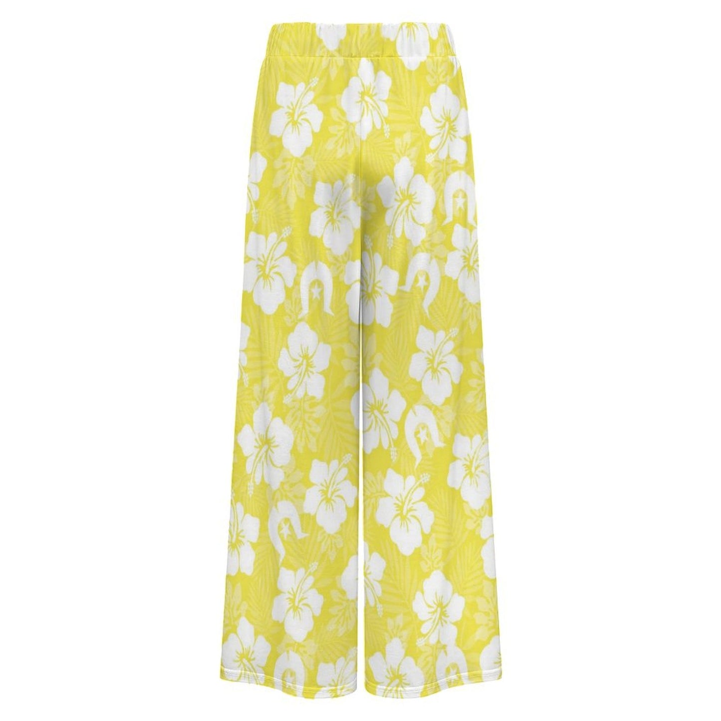 White Hibiscus flowers with Dhari (Yellow) on Women’s Wide-Leg Pants