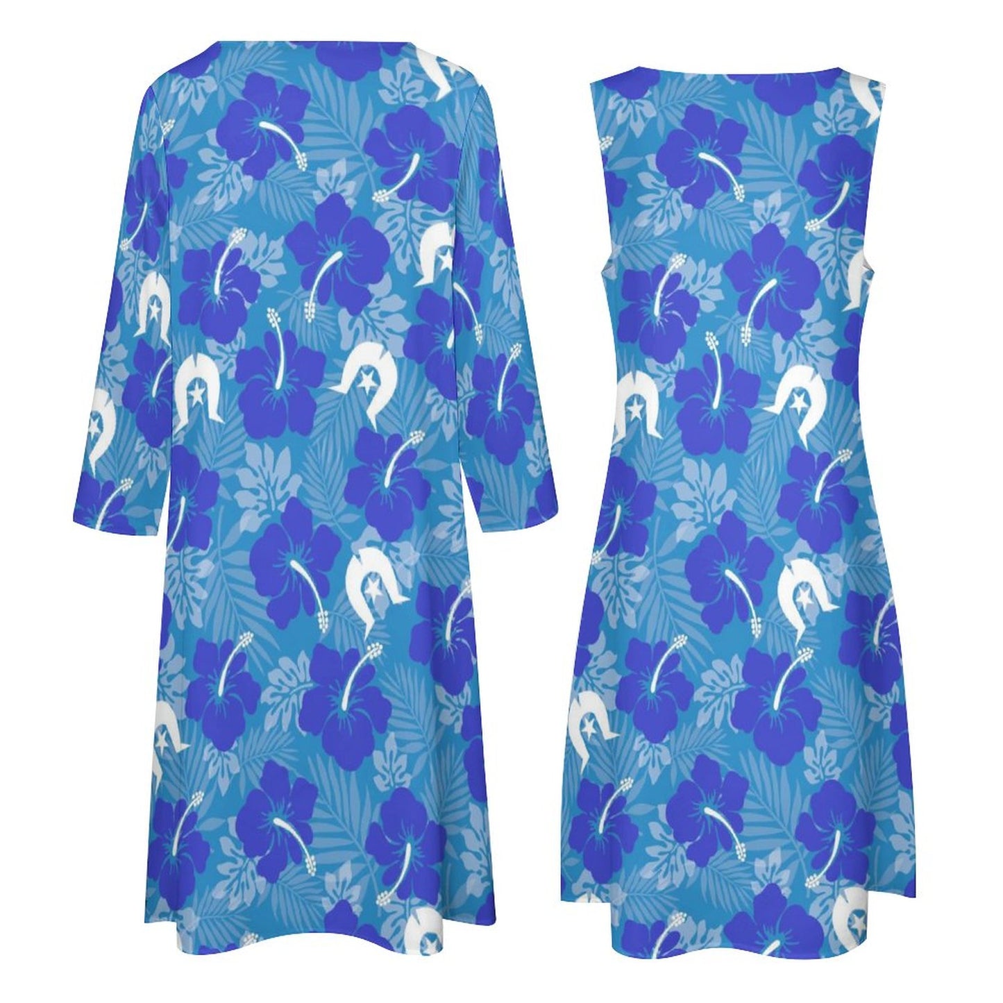 Hibiscus flowers with Dhari (Royal blue) on Long Dress Set