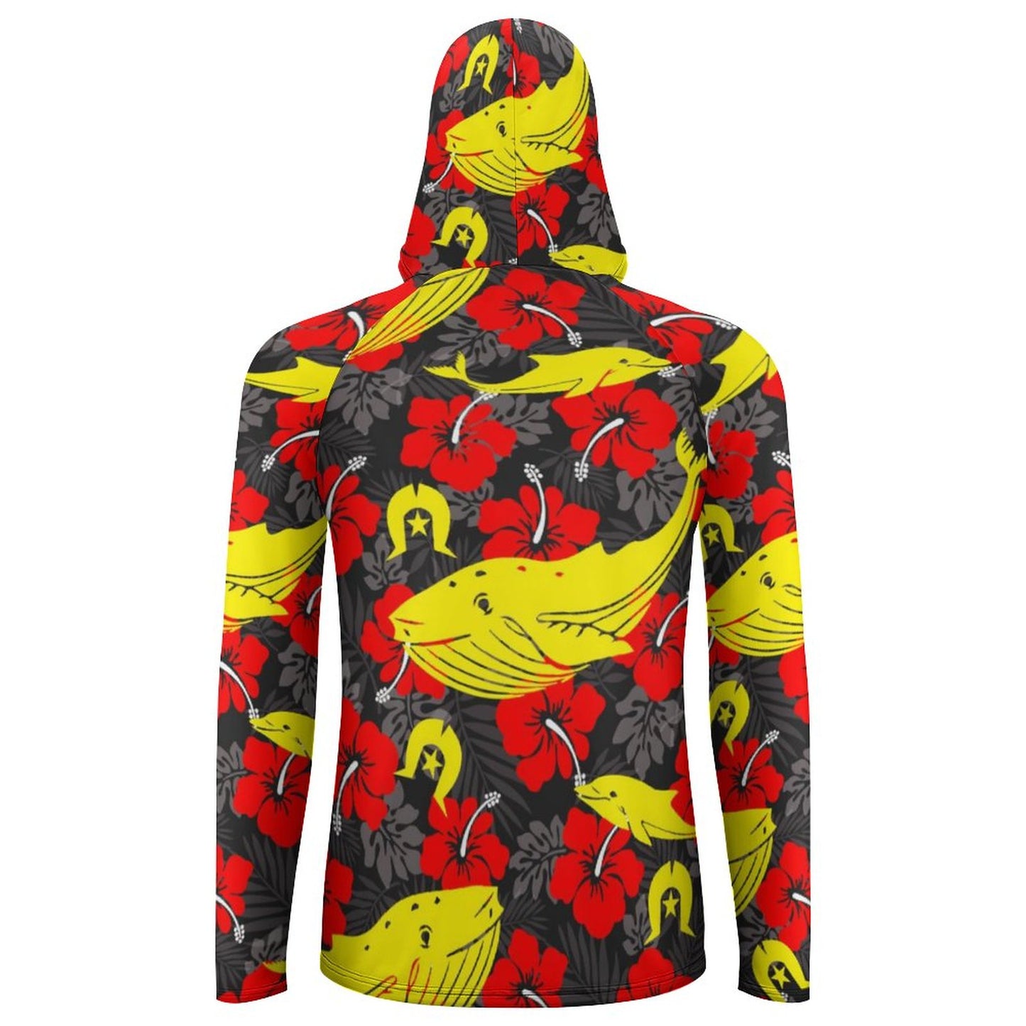 Royal Red Hibiscus with Yellow Dhari, Whale and Dolphin on Men's UPF 40+ Sun Protection Fishing Shirt
