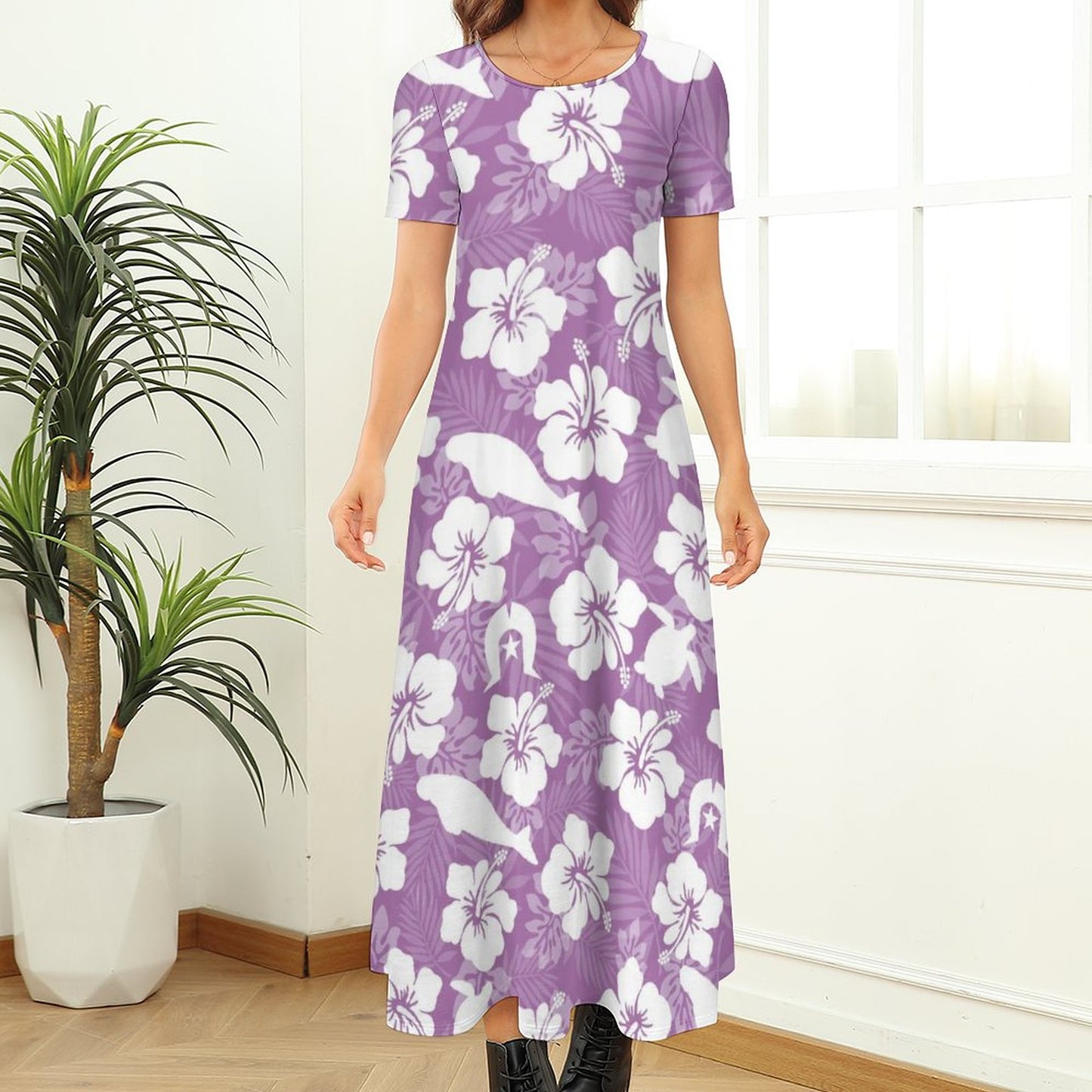 White Hibiscus flowers with Dugong, Turtle and Dhari on Round Neck Short Sleeve Dress