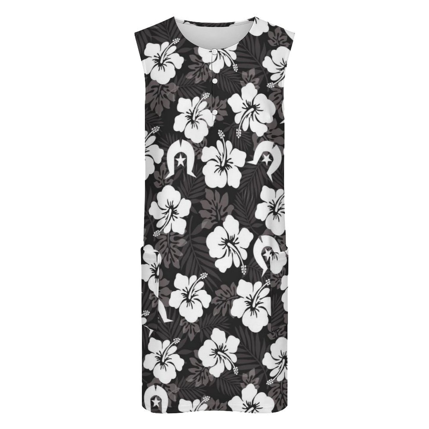 White Hibiscus and Dhari (Black) on Sleeveless Pocket Dress
