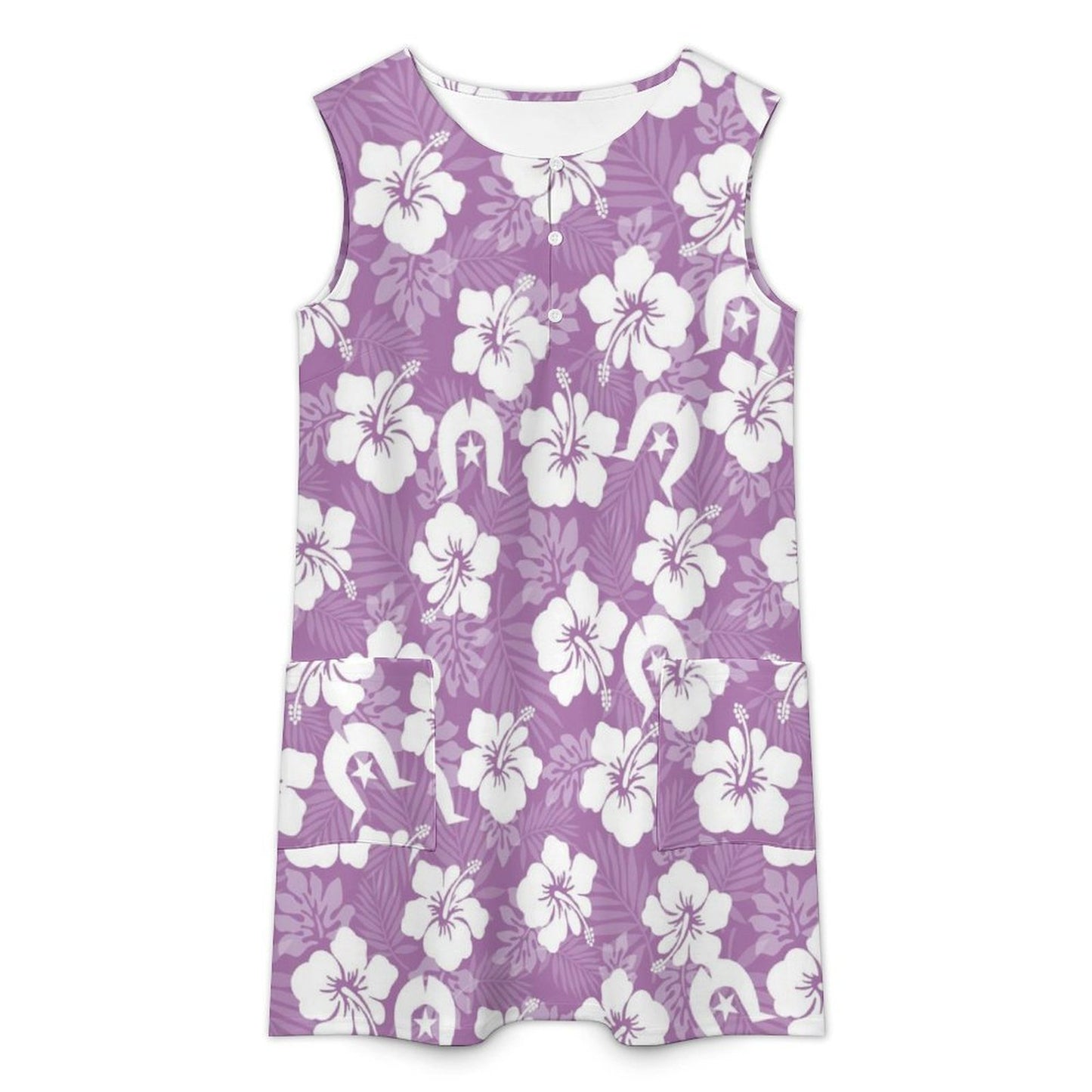 White Hibiscus and Dhari (Purple) on Sleeveless Pocket Dress