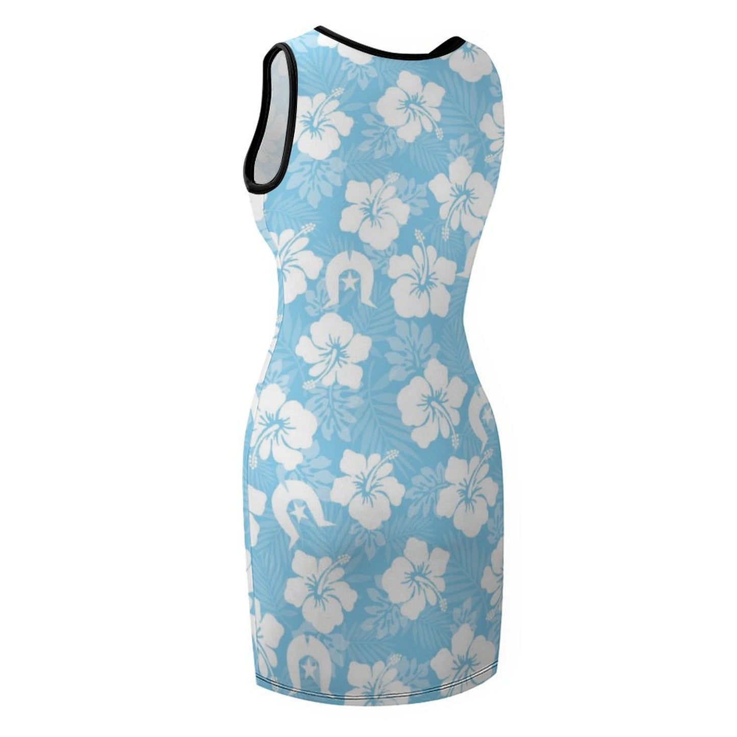 White Hibiscus and Dhari (blue) on Sleeveless Ladies Tank Dress