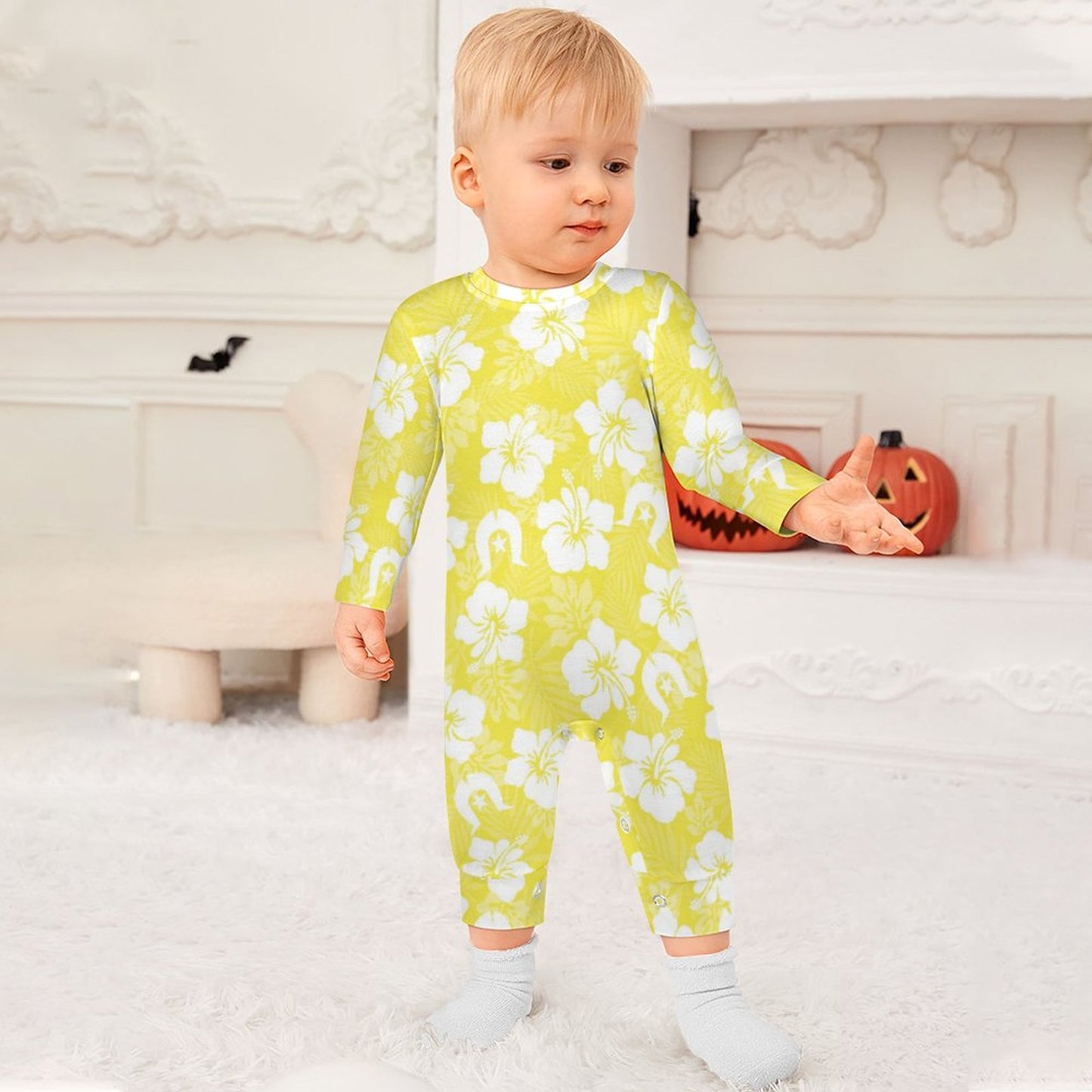 White Hibiscus flowers with Dhari (Yellow) on Baby Romper QLR (All-Over Printing)