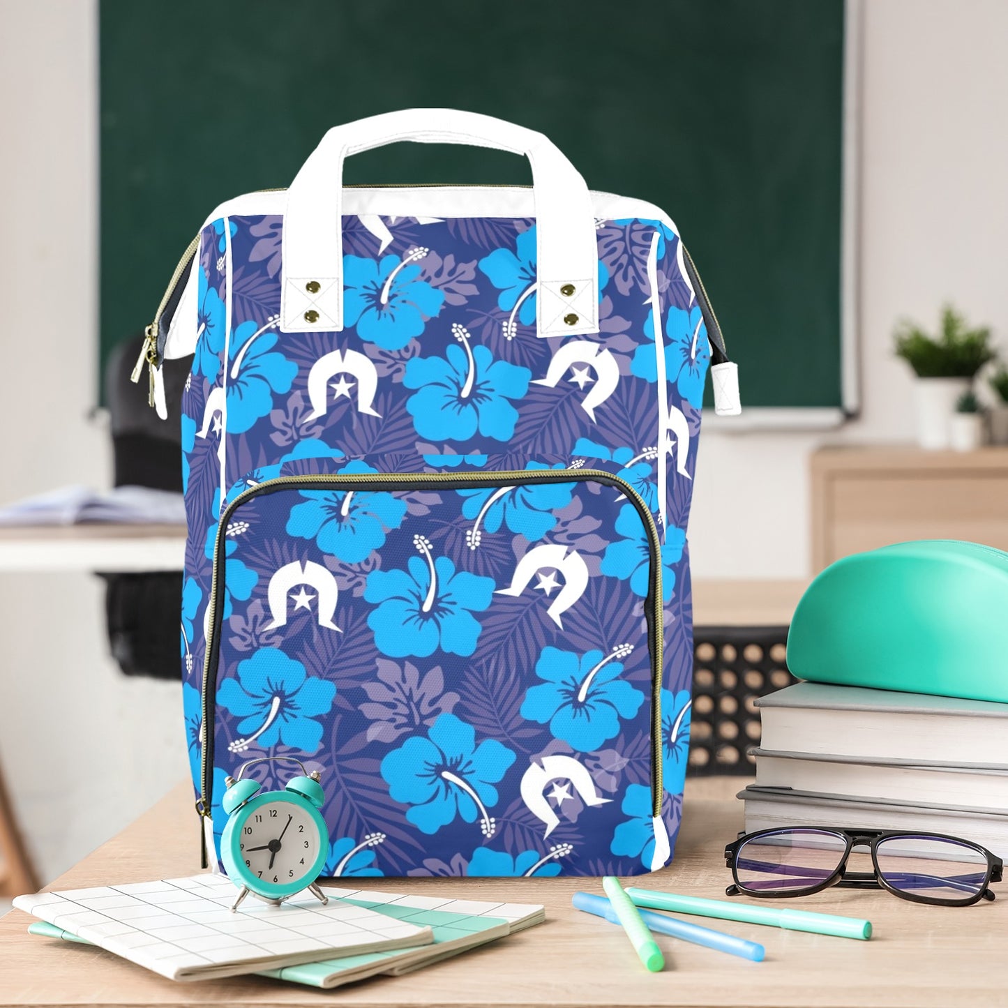 Hibiscus flowers with White Dhari (Royal blue) on Baby backpack / bag (Large)