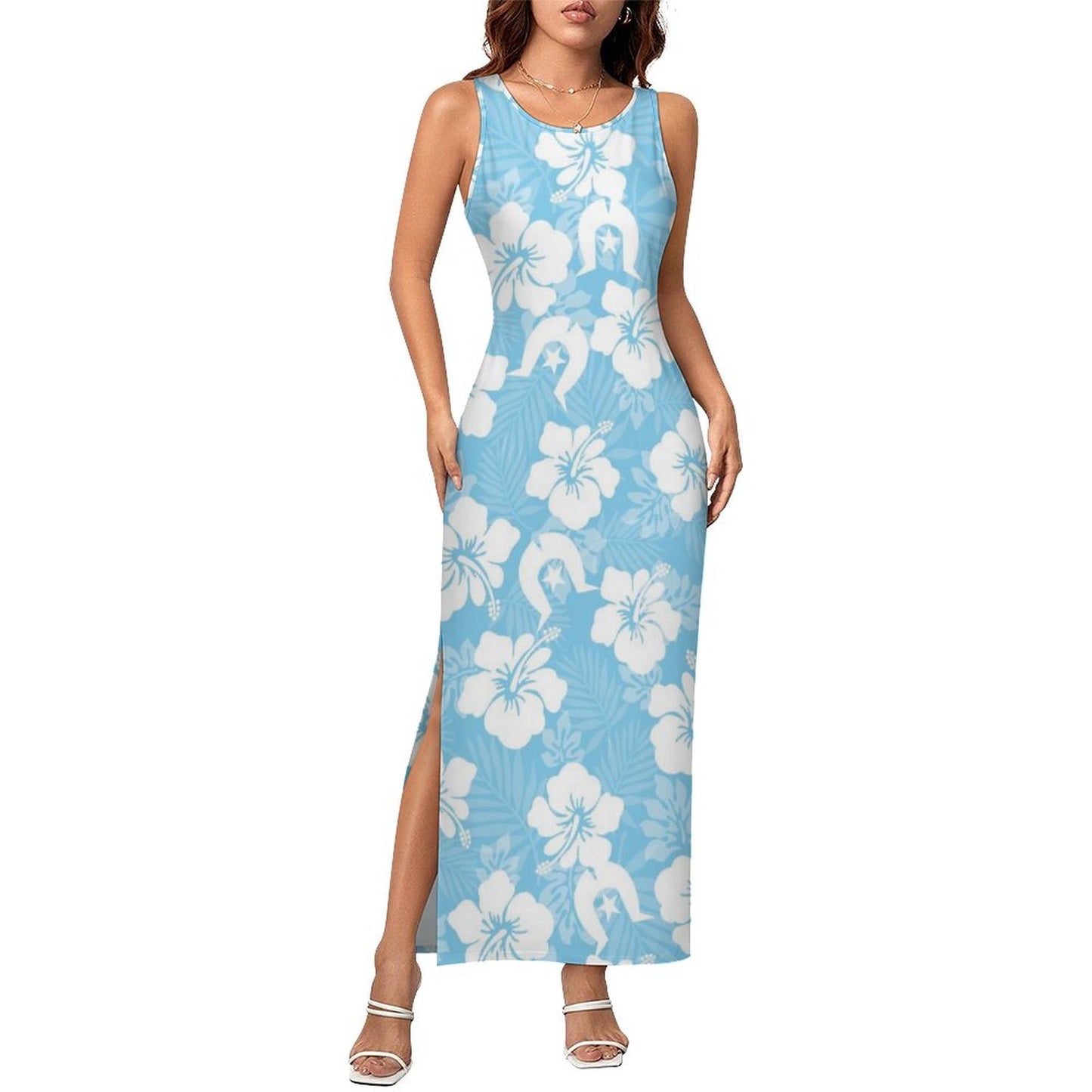 White Hibiscus and Dhari (blue) on 180gsm Slit Fitted Camisole Cheongsam