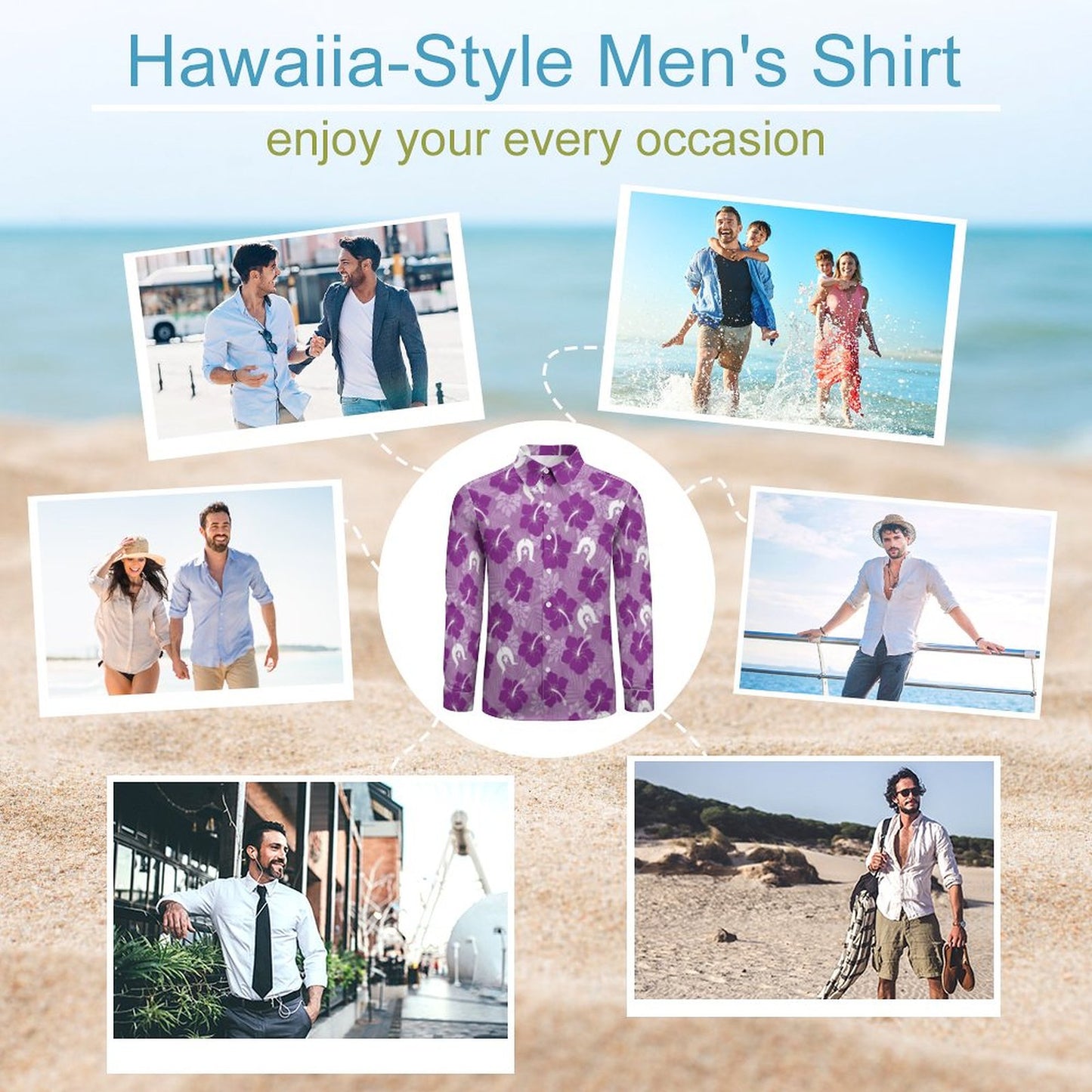 Hibiscus flowers with White Dhari (Royal purple) on Men's Long Sleeve Shirt