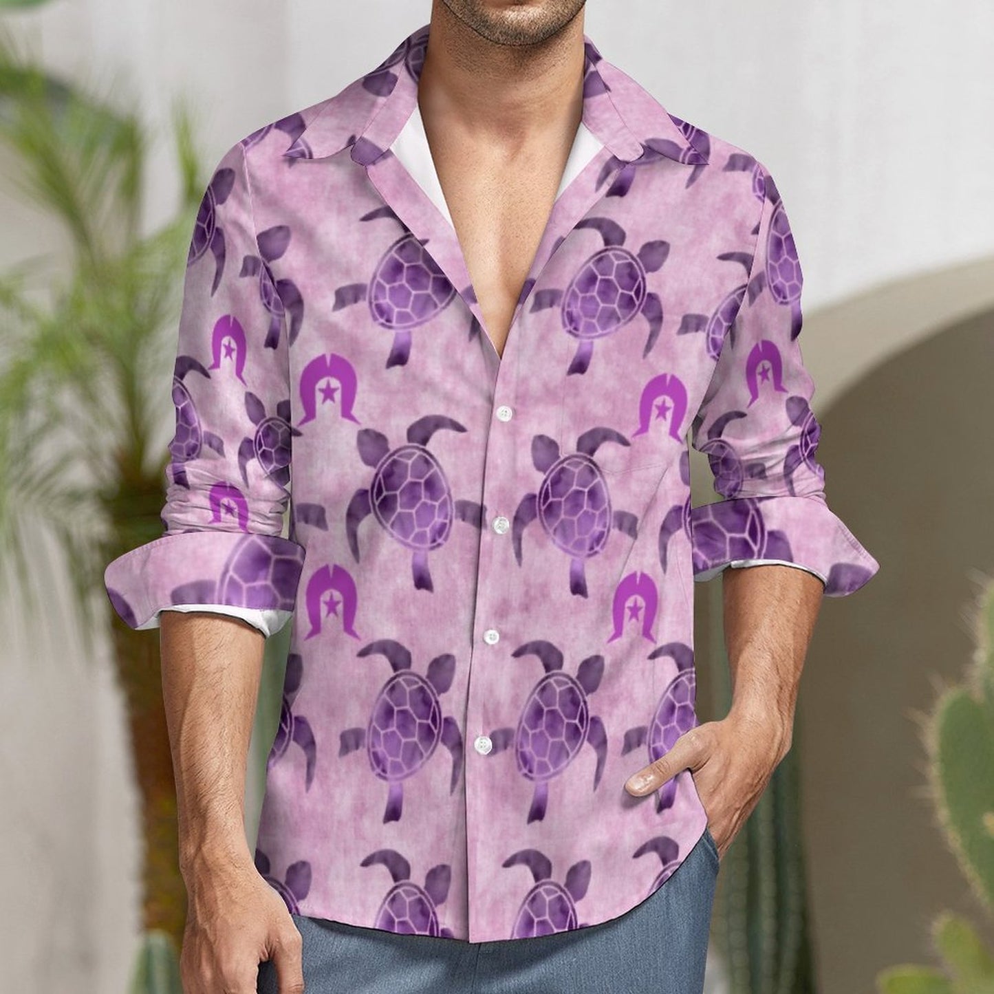 Purple Turtle Pattern on Men's Long Sleeve Shirt