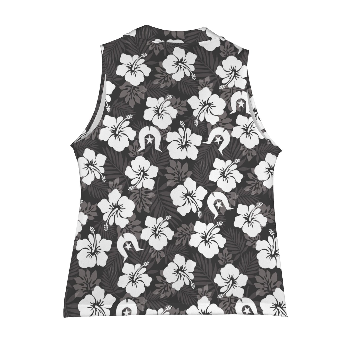 White Hibiscus and Dhari (Black) on Women Sleeveless Suit Vest