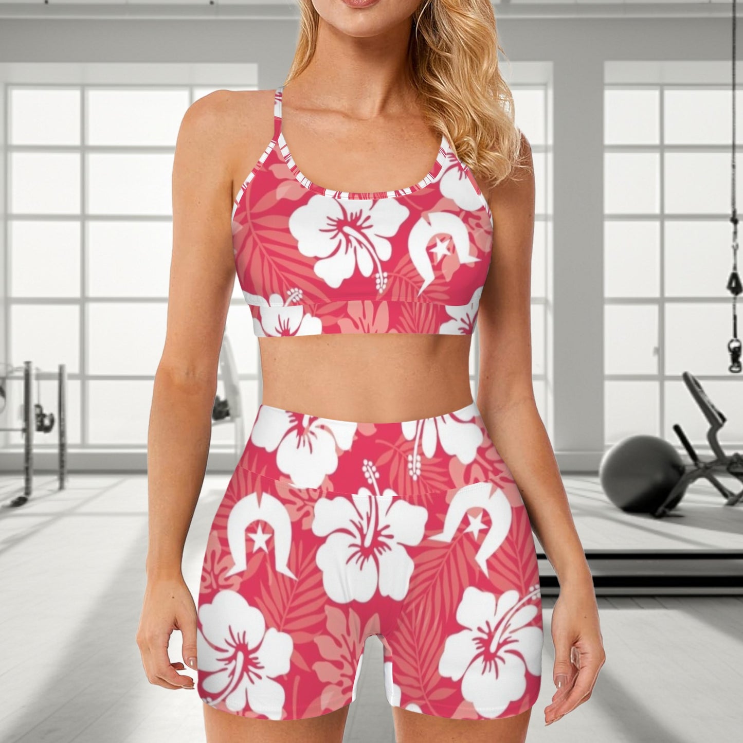 White Hibiscus flowers with Dhari (Red) on Cross Back String Sports Bra & High Waist Shorts Active Sets