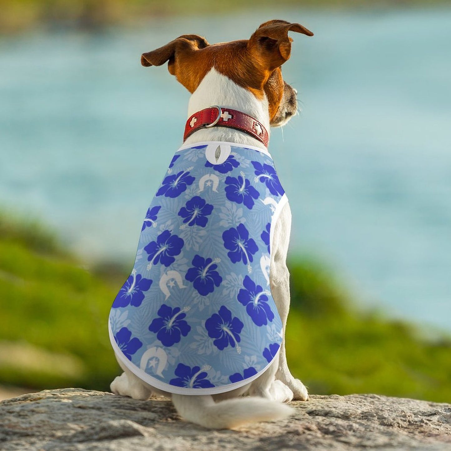 Hibiscus flowers with White Dhari (Sky blue) on Dog Vests- Pet Tank Tops