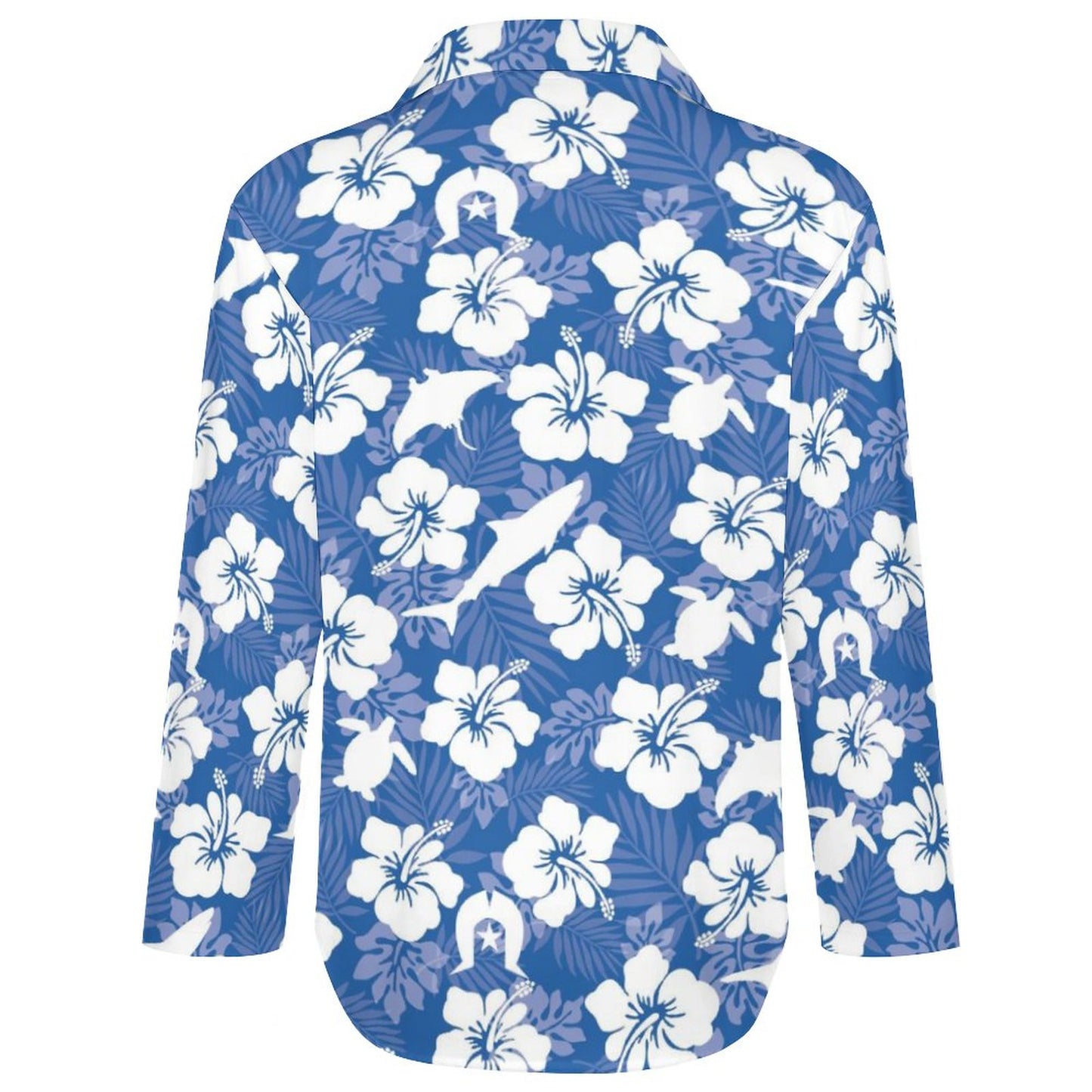 White hibiscus flowers with Dhari, Shark, turtle, and stingray on Women's shirts
