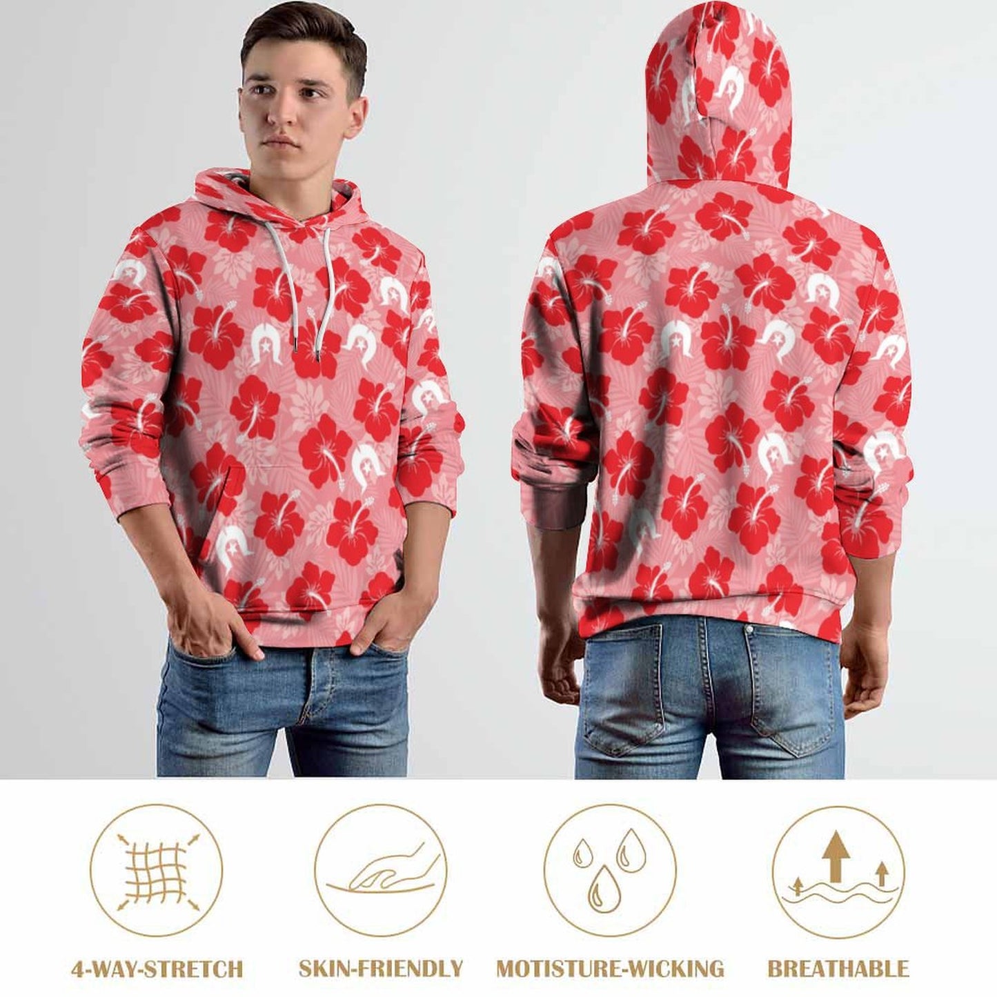 Hibiscus flowers with Dhari (Royal Pink) on Men's Cool Hoodie with Double-layer Cap