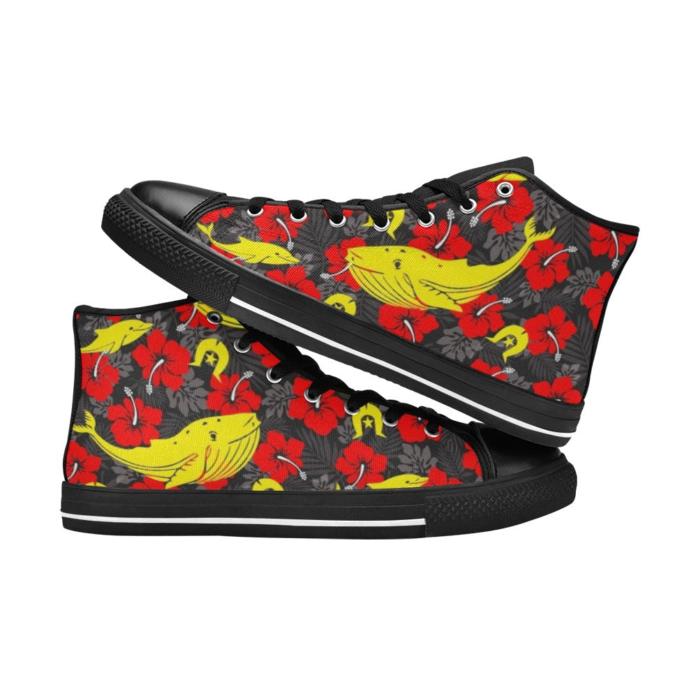 Royal Red Hibiscus with Yellow Dhari, Whale and Dolphin on Women's High Top Canvas Shoes