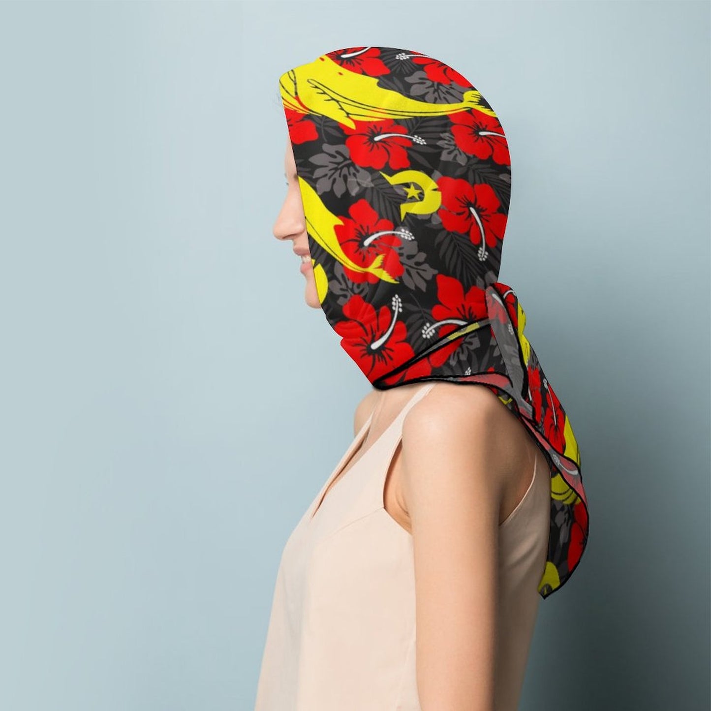 Royal Red Hibiscus with Yellow Dhari, Whale and Dolphin on Women's Scarf