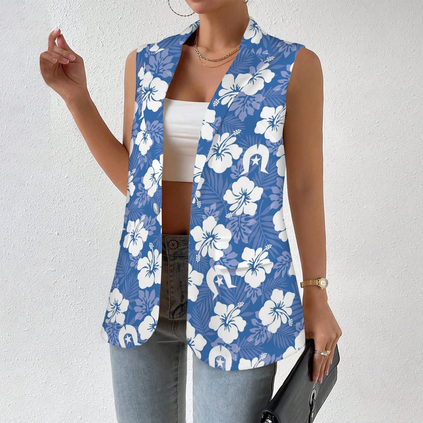 White Hibiscus flowers with Dhari (Blue) on Women Sleeveless Suit Vest