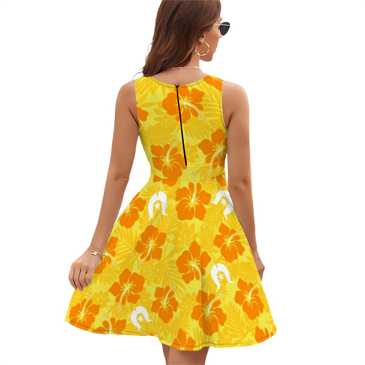 Hibiscus flowers with Dhari (Gold) on Sleeveless V Neck Dress