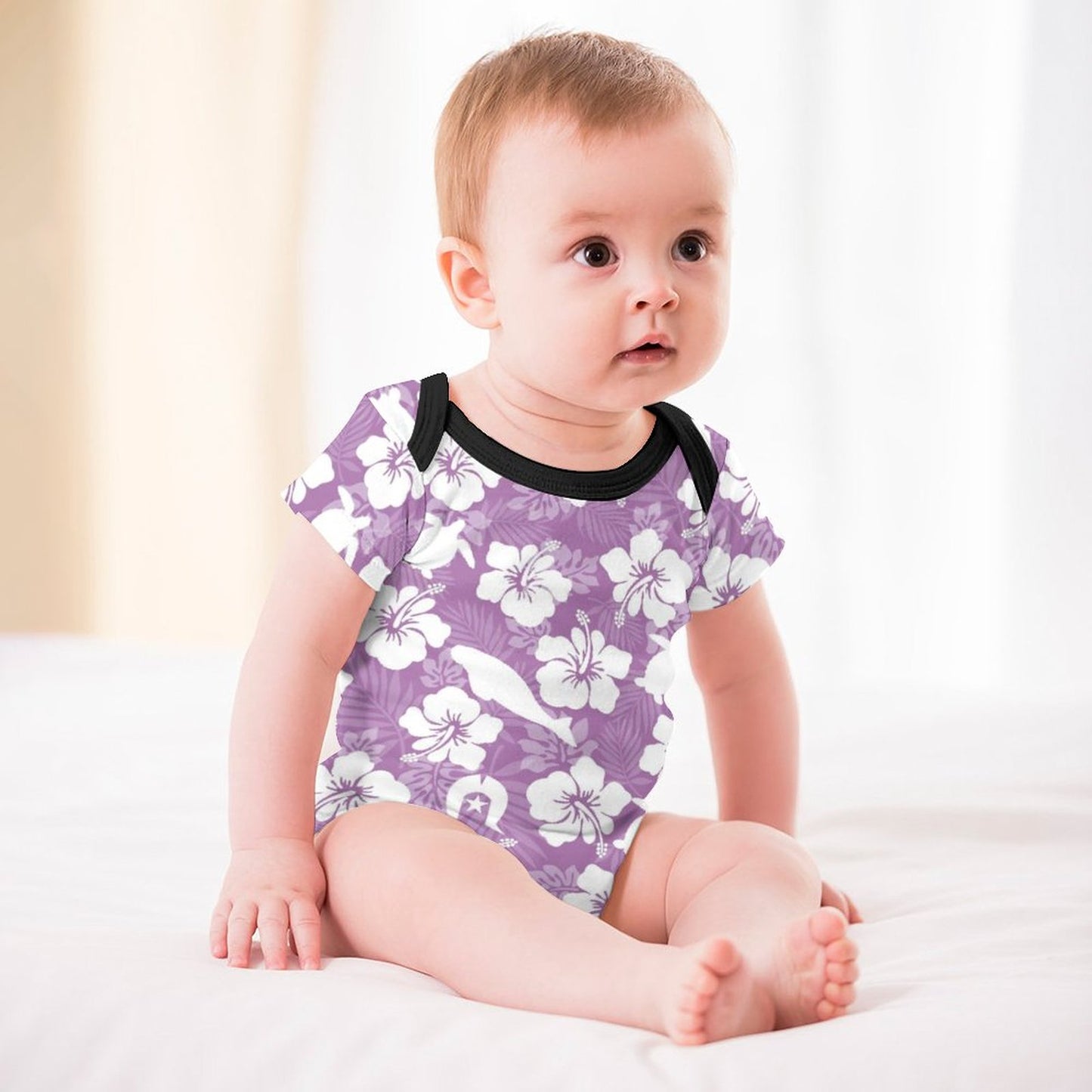 White Hibiscus flowers with Dugong, Turtle and Dhari on Faux Cotton Short Sleeve Baby Romper