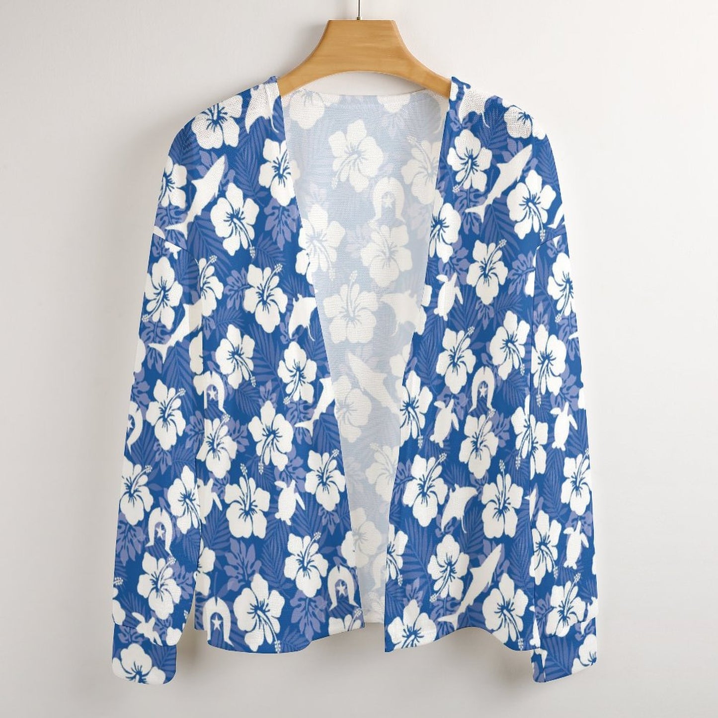 White hibiscus flowers with Dhari, Shark, turtle, and stingray on Long Sleeve Drop Shoulder Open Shirt
