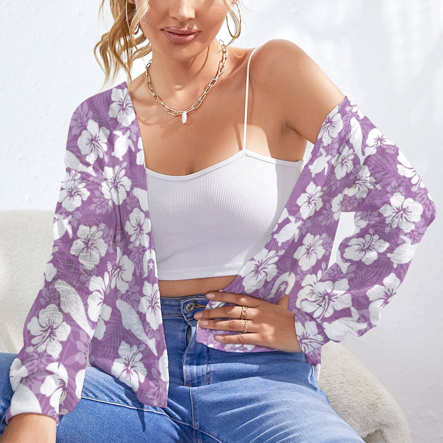 White Hibiscus flowers with Dugong, Turtle and Dhari on Long Sleeve Drop Shoulder Open Shirt
