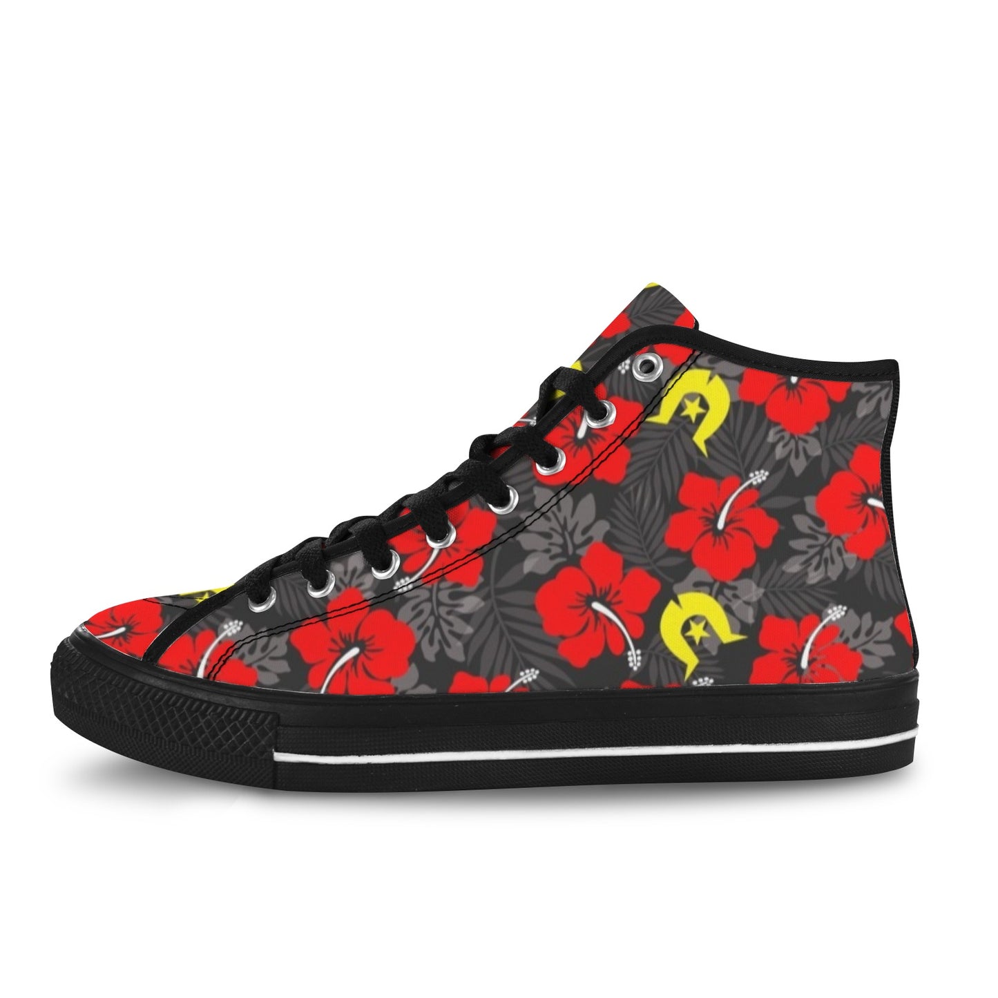 Royal Red Hibiscus with Yellow Dhari on Vancouver High Top Canvas Men's Shoes
