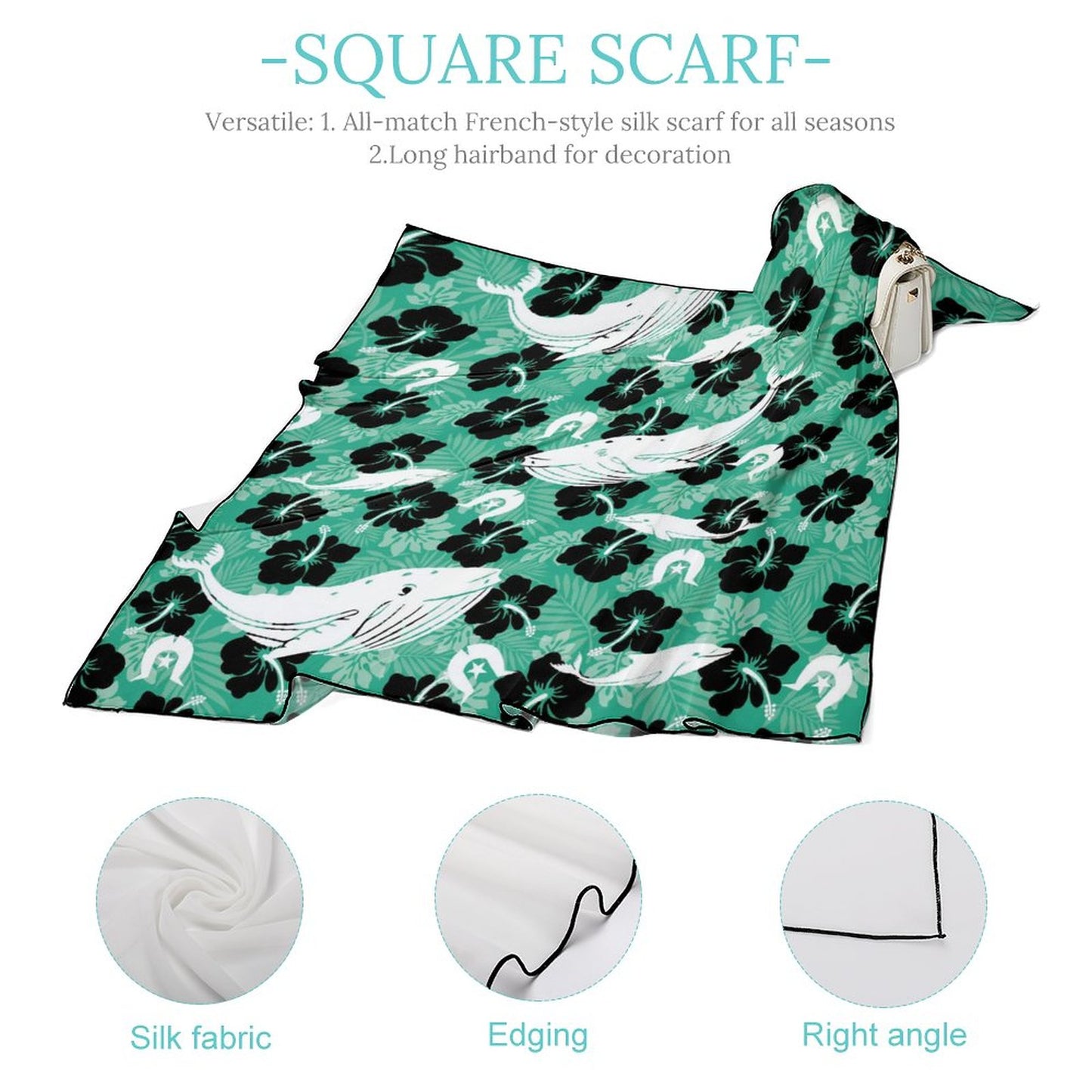 Black Hibiscus with Whale, Dolphin and Dhari on Women's Scarf