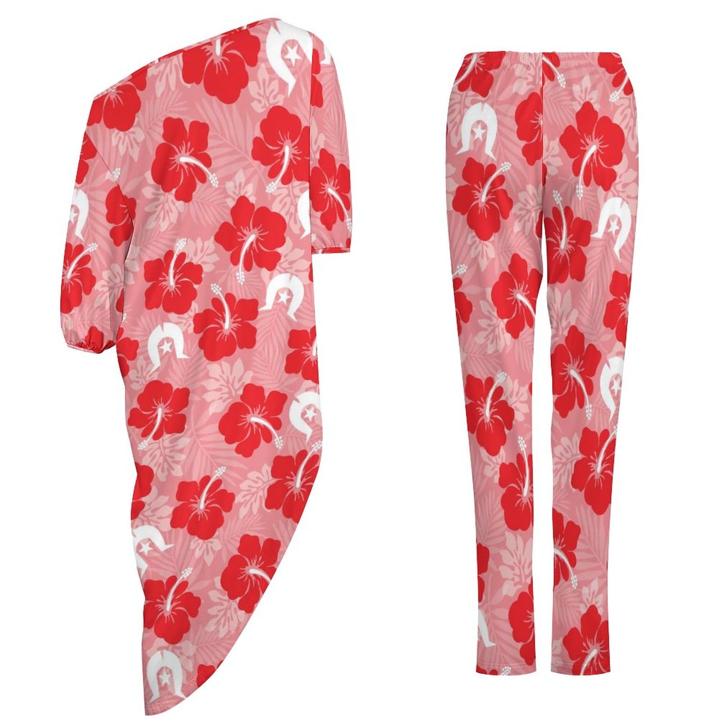 Hibiscus flowers with Dhari (Royal Pink) on Diagonal Shoulder Two Piece Set
