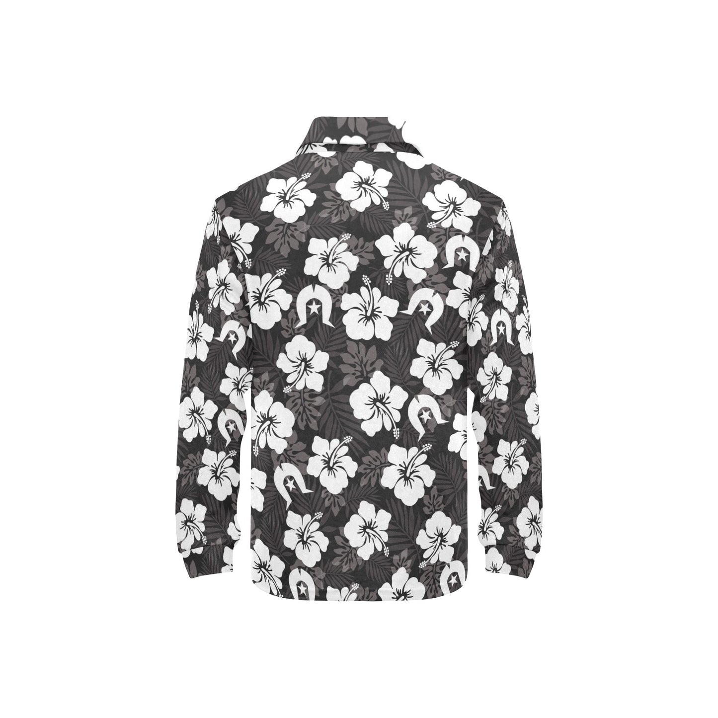 White Hibiscus and Dhari (Black) on Little Boys' Long Sleeve Polo Shirt