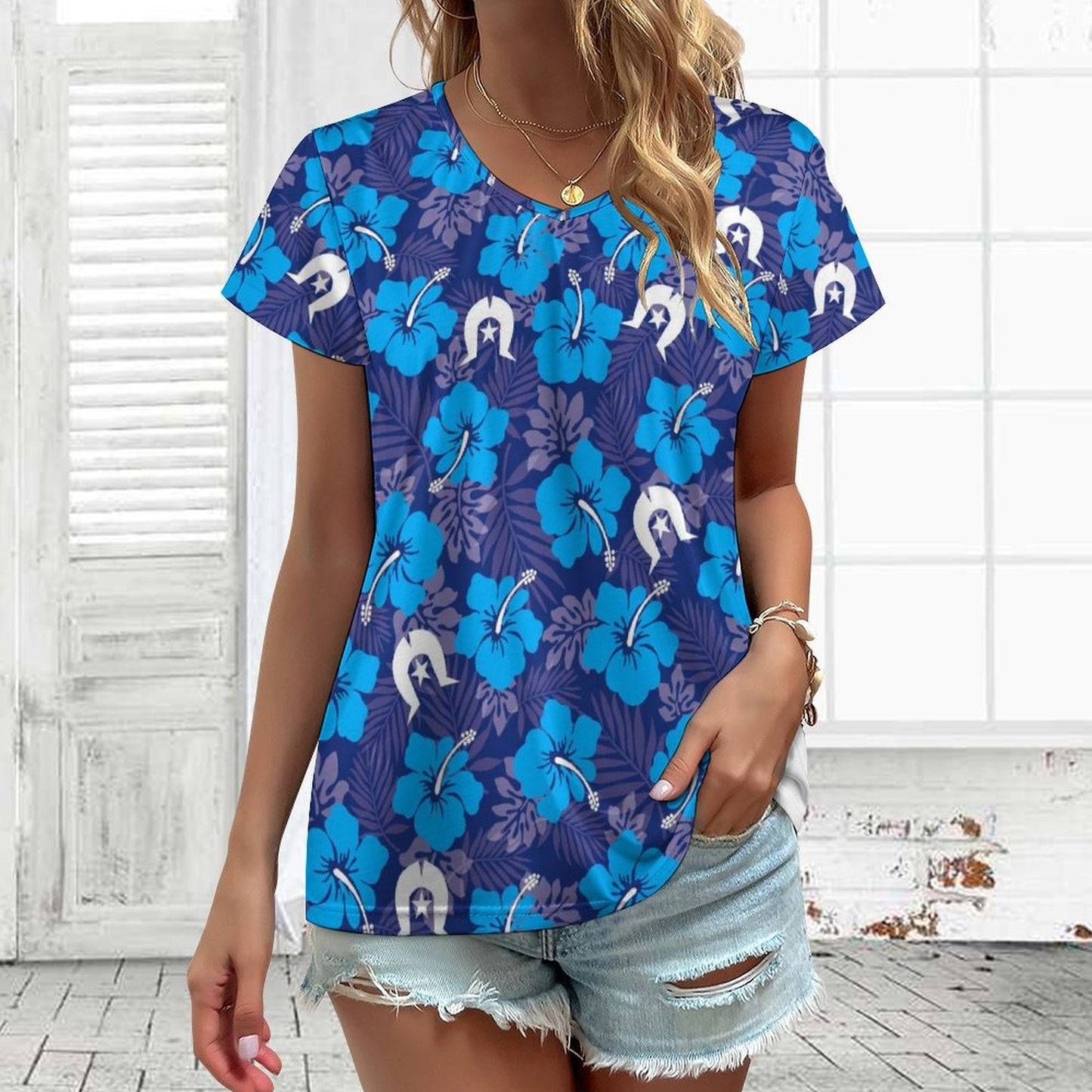 Hibiscus flowers with White Dhari (Royal blue) on V-neck Short Sleeve T-Shirt