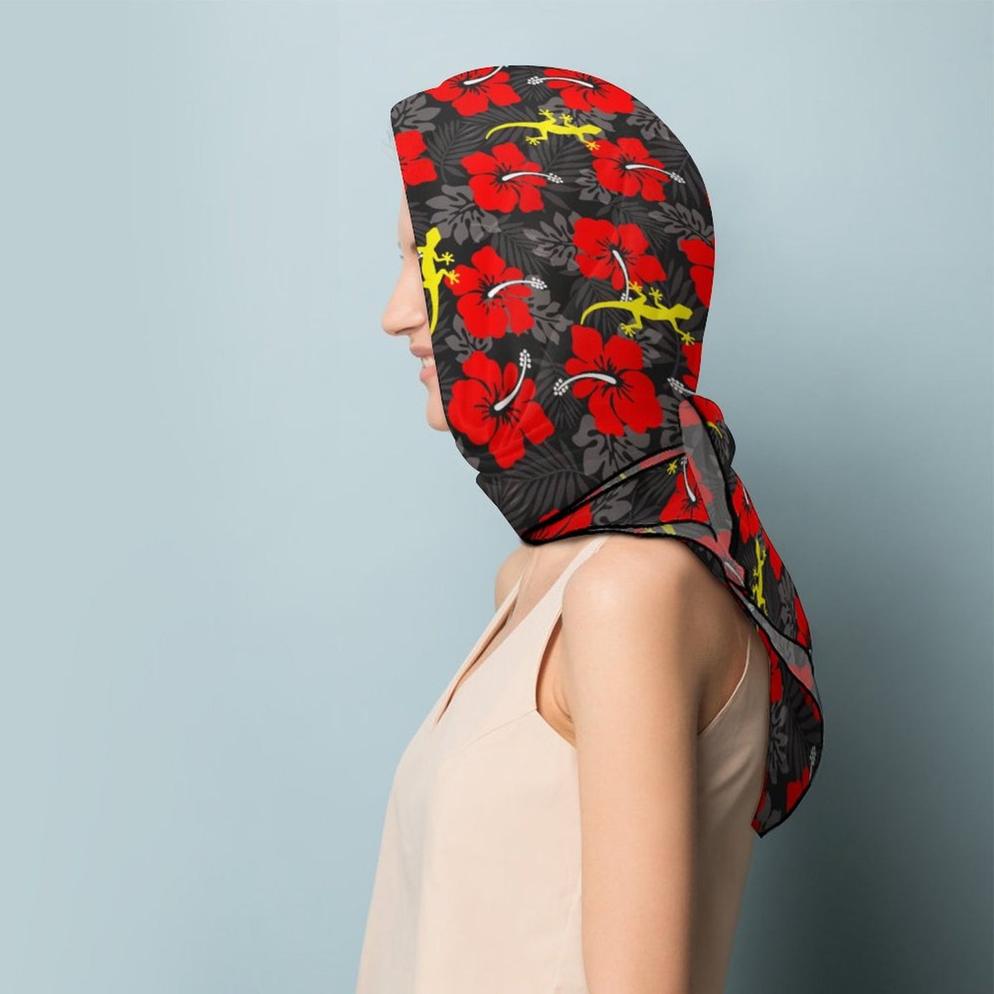 Royal Red Hibiscus flowers with Gecko on Women's Scarf