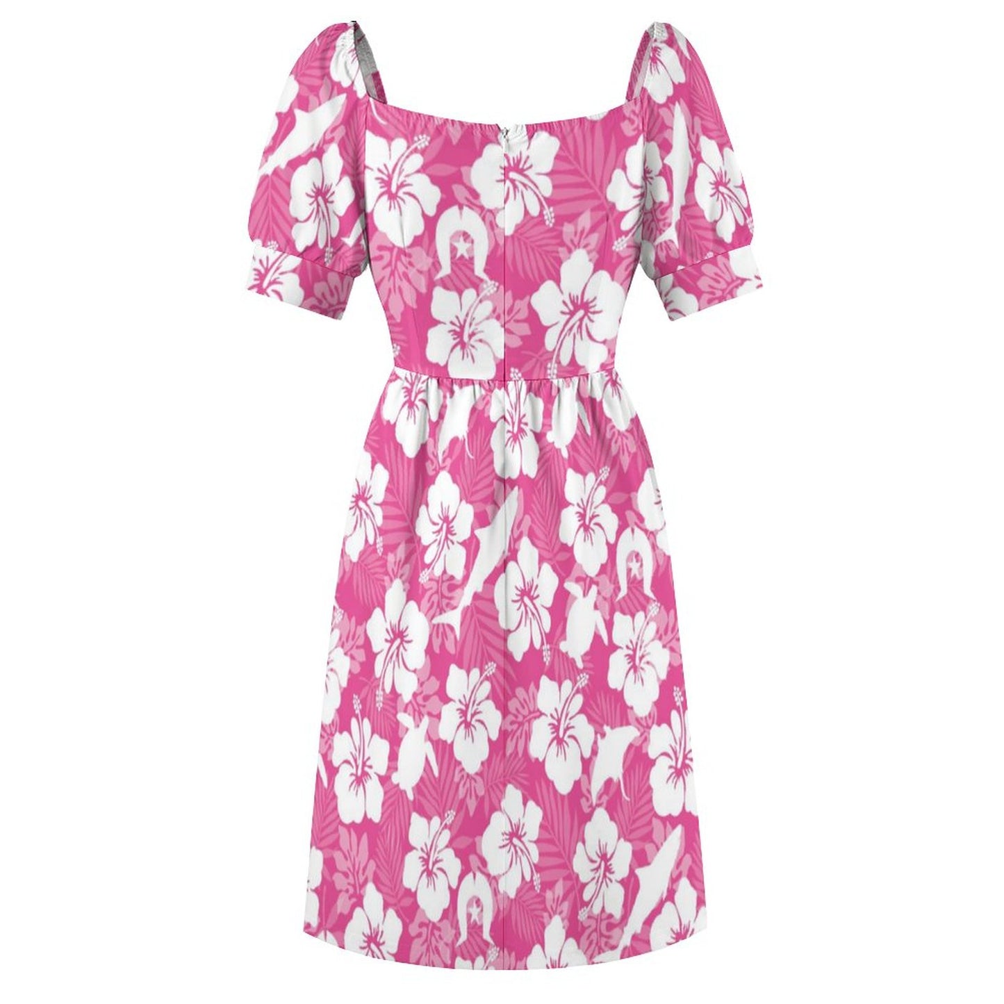 White hibiscus flowers with Dhari, Shark, turtle, and stingray (Pink) on Short Sleeve V Neck Lovely Dress